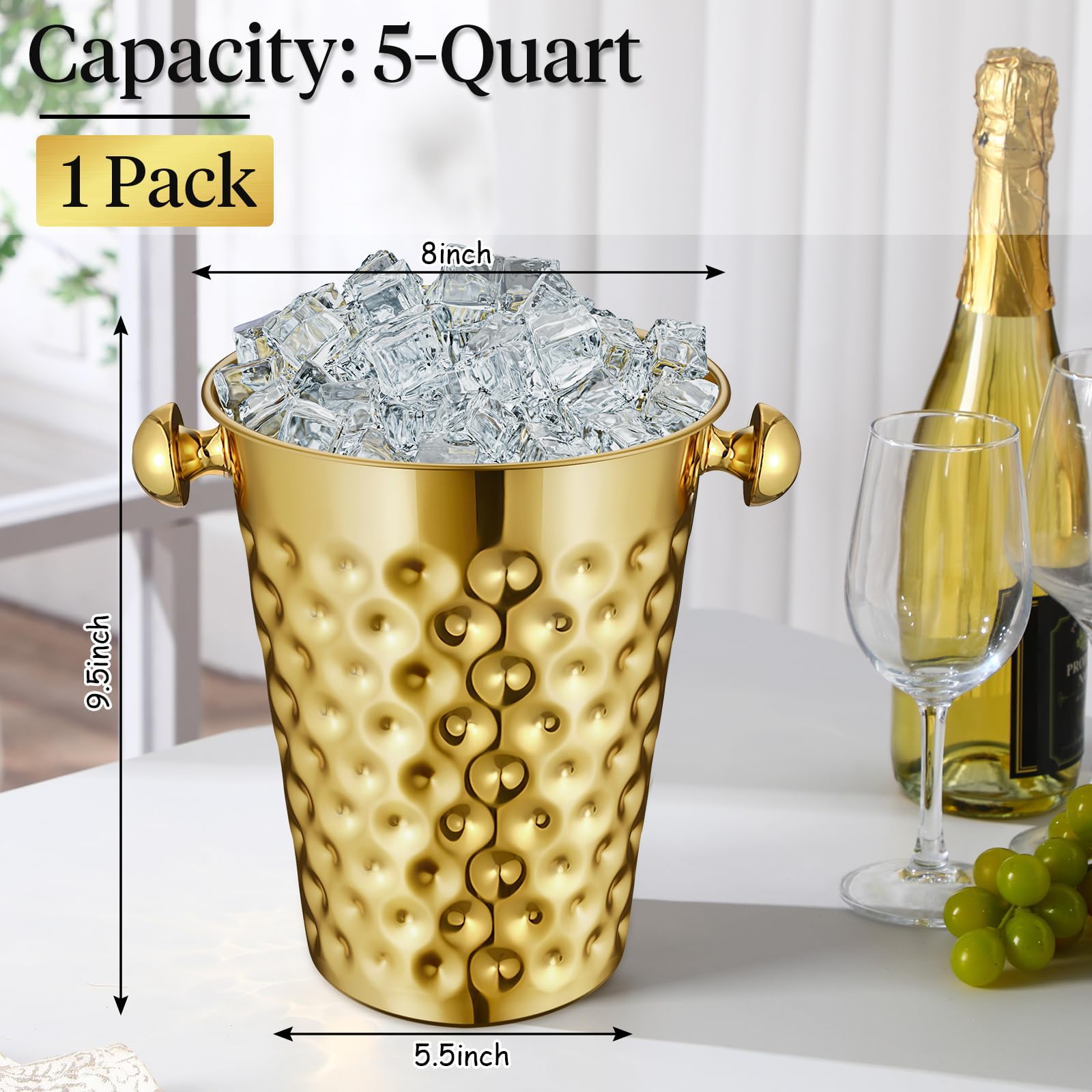 Cubo de hielo dorado champán de 5 cuartos (4.7 L) de metal de doble pared martillado de acero inoxidable para bar, fiesta, boda, banquete, barbacoa al aire libre (boca recta) 2