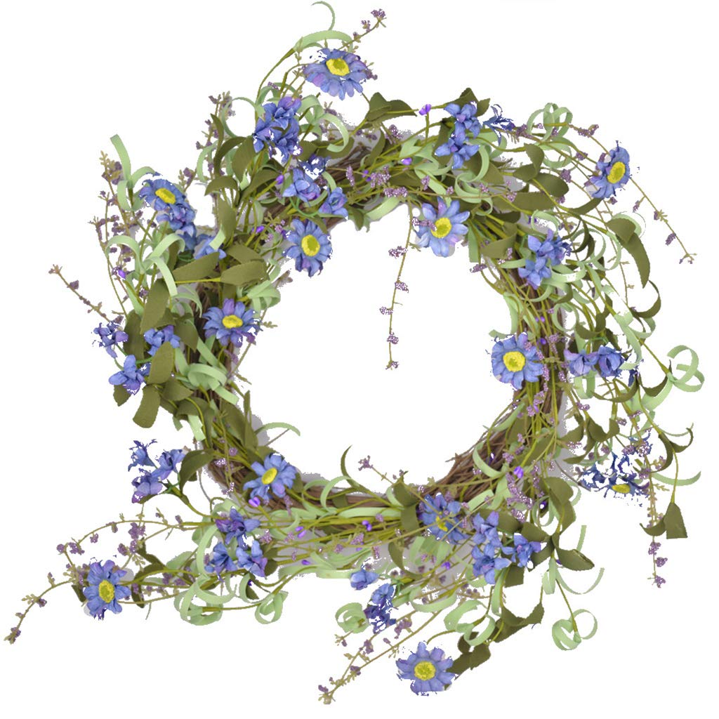 Couronne de fleurs artificielles 50cm bleue en soie pour décoration de porte d'entrée de printemps