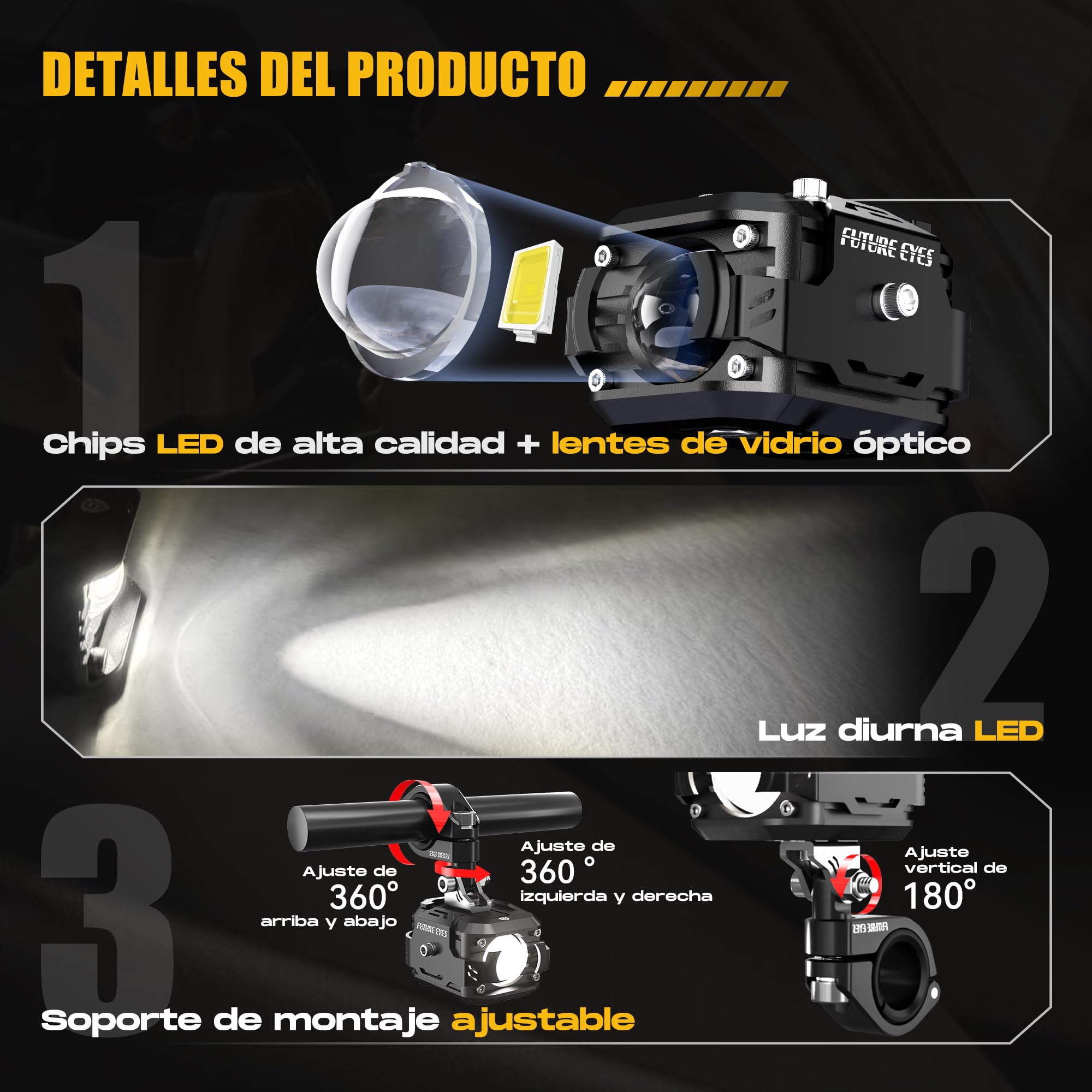 Future Eyes Faros Antiniebla para Moto LED, Luces Auxiliares Ajustables 360°, Impermeable IP67, Luces Todoterreno para Conducción Nocturna, Luz Larga y Corta Ámbar/Blanco, Compatible con ATV y UTV