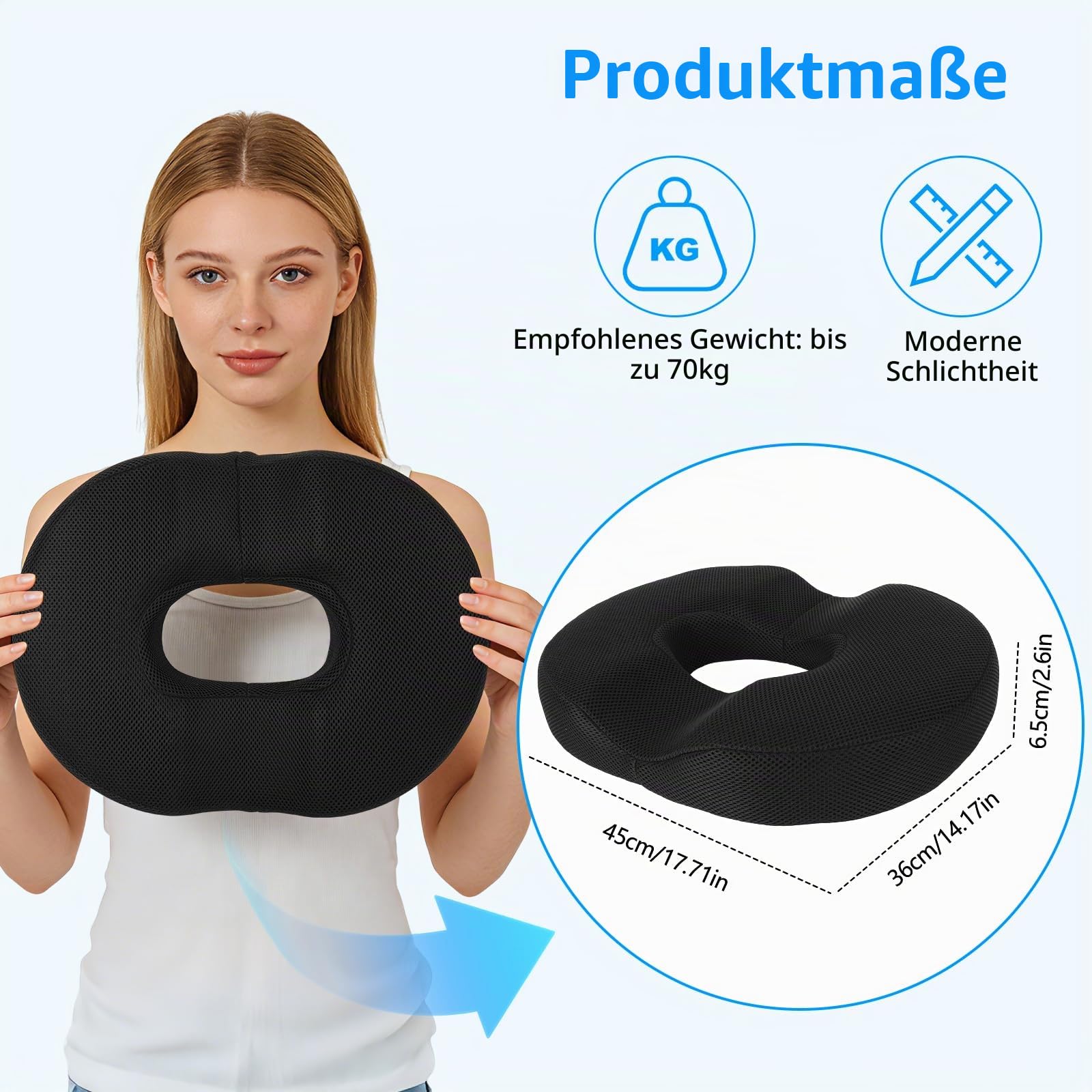 Sitzkissen Orthopädisch, Hämorrhoiden Sitzkissen, Donut Kissen für Ischias, Postnatal, Steißbein, Memory Foam Steißbeinkissen für Auto, Sofa, Büro, Rollstuhl, Sitzring Steißbein Entlastung, Schwarz