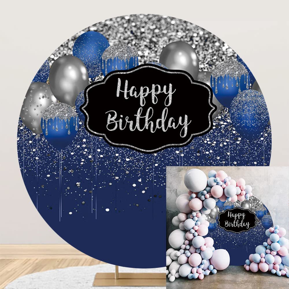 OERJU 7.5x7.5ft Royal Blue Happy Birthday Round Backdrop Cover Silver Bokeh Sequin Spots Balloons Circle Photography Background Adults Men 30th 40th