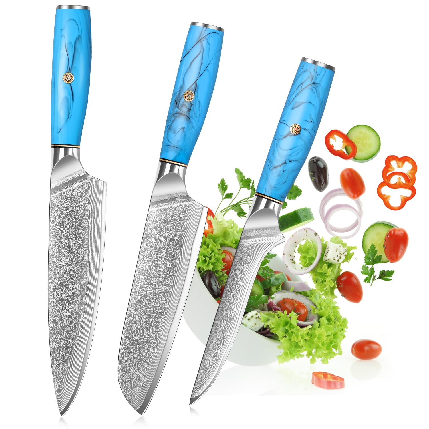 Home Safety Set Coltelli da Cucina 3 Pezzi, in 67 Strati di Acciaio Damascato Vg-10, Coltello da Cucina Professionali, Coltello Chef Manico Ergonomico in Resina Naturale, Confezione Regalo