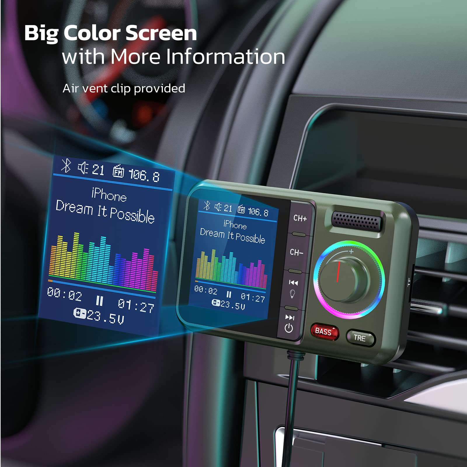 Nulaxy Trasmettitore FM Bluetooth per Auto, BT5.0 con Grande Schermo a Colori, Supporto Chiamate in Vivavoce, Siri&Google, Lettore Musicale MP3 BASS&TRE Booster, Scheda TF/AUX-KM28 Verde