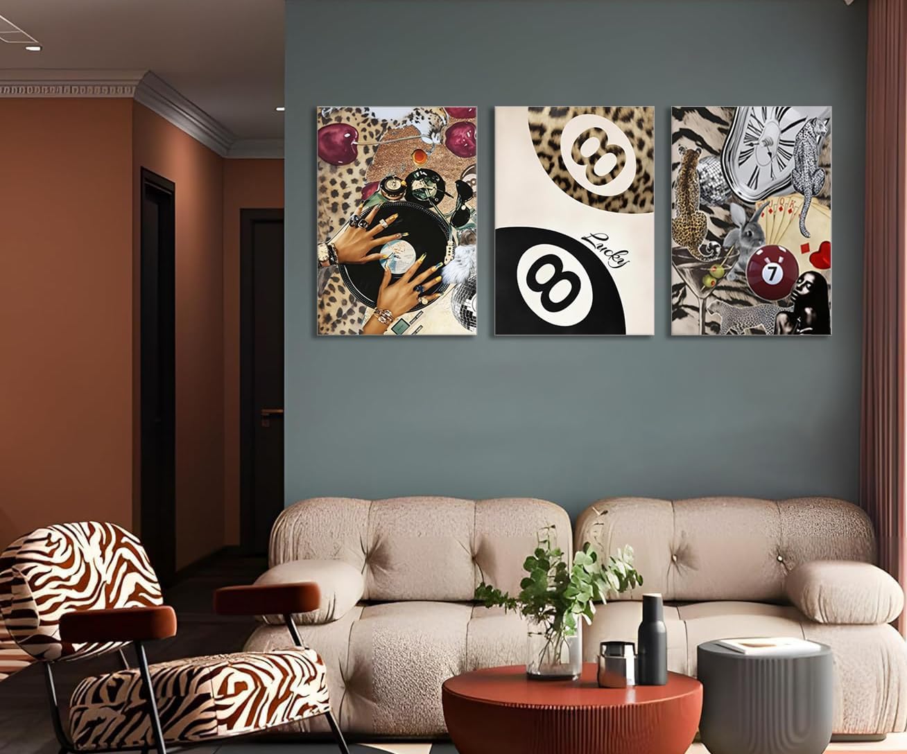 Fashion Cheetah Wall Art Set of 3 Leopard Wall Decor Pictures Lucky 8 Ball Poster Canvas Painting Prints Dark Red Cheetah Artwork for Bedroom Living Room Framed 12x16 inch - Image 2