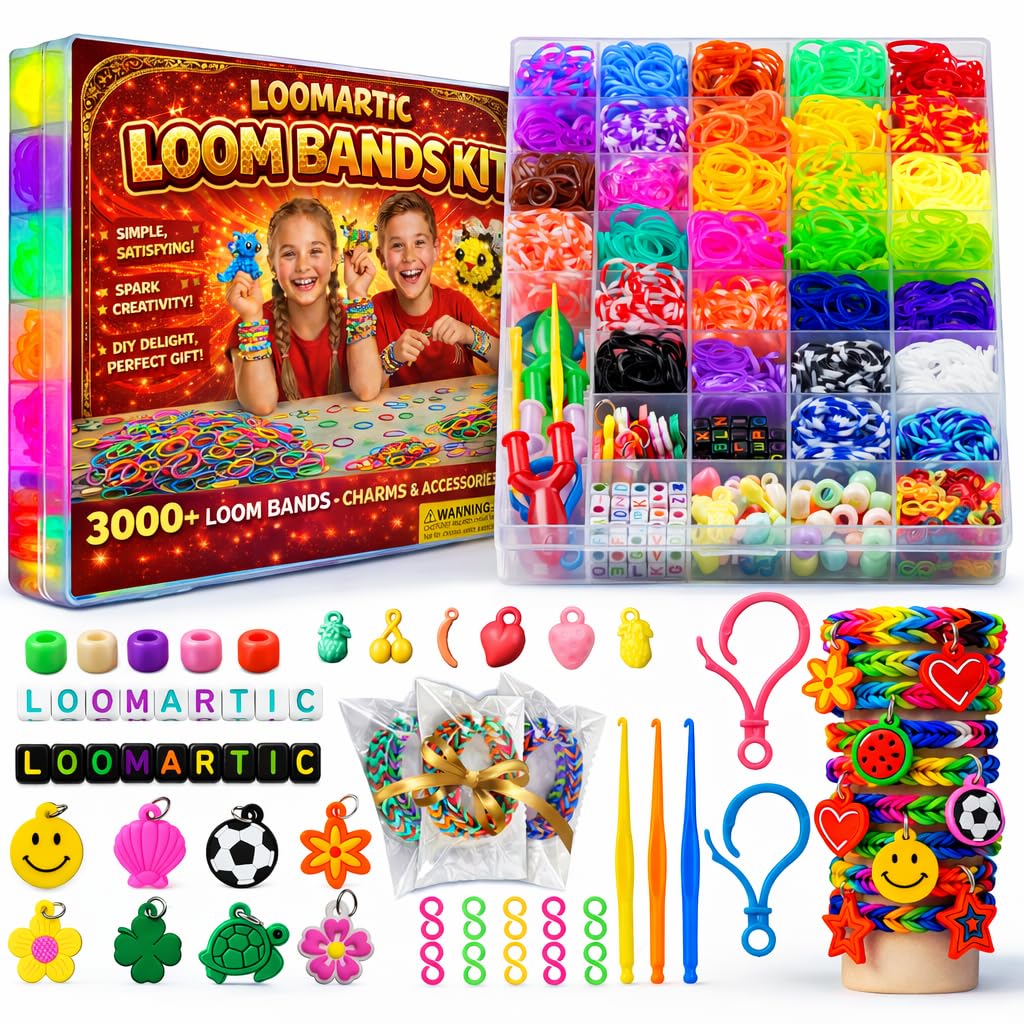 Loomartic 3000+ Loom Bands Kit Rubber Bands with Premium Quality Charms Loom Bands Kits for Girls with 30 Unique Colors Art and Crafts Supplies Friendship Bracelet Making kit in Toys Craft Storage Box
