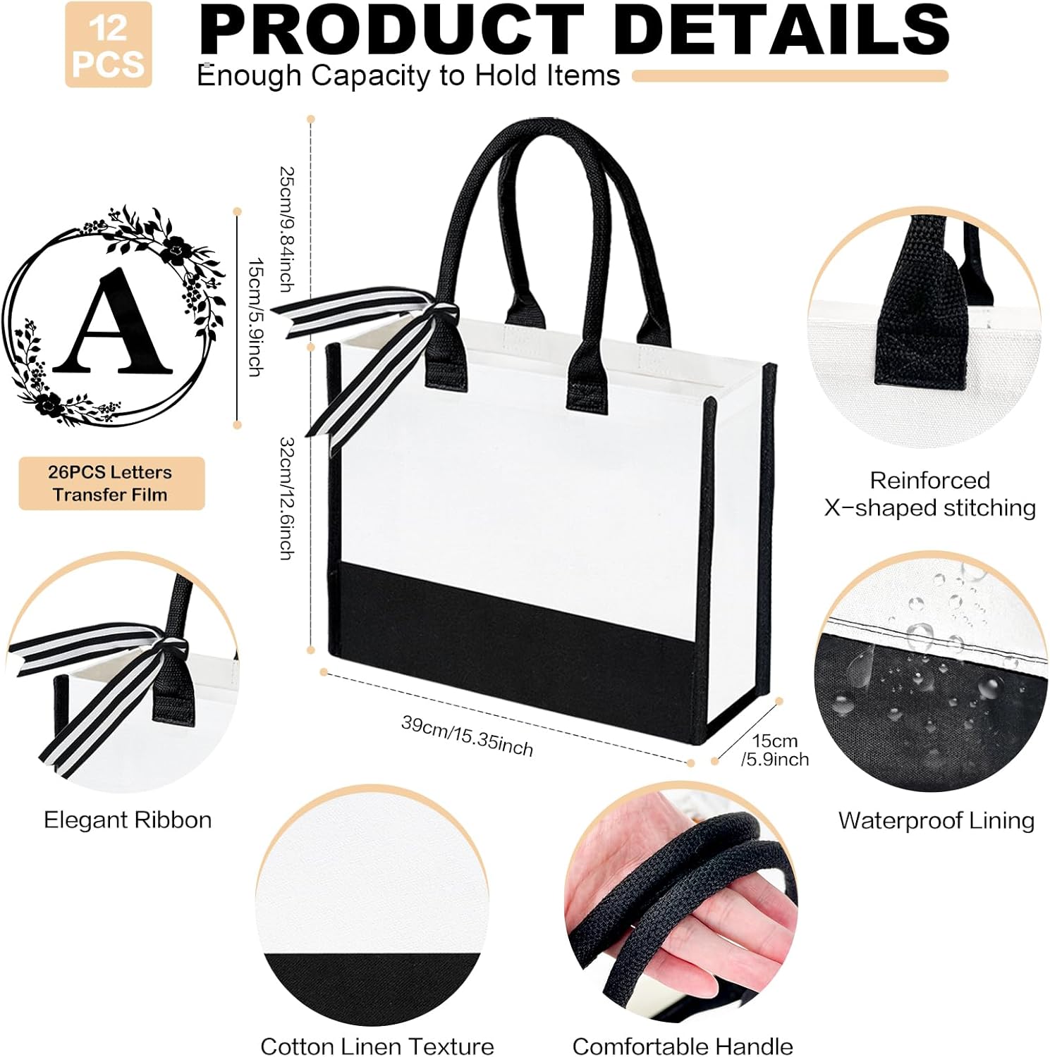 12 Pack Canvas Tote Bag for Women, Personalized Blank Beach Bag with 26PCS A-Z Initial Heat Transfer Letters Film, DIY Monogrammed Gift Tote Bags Bulk for Mom Teachers Friends Bridesmaids