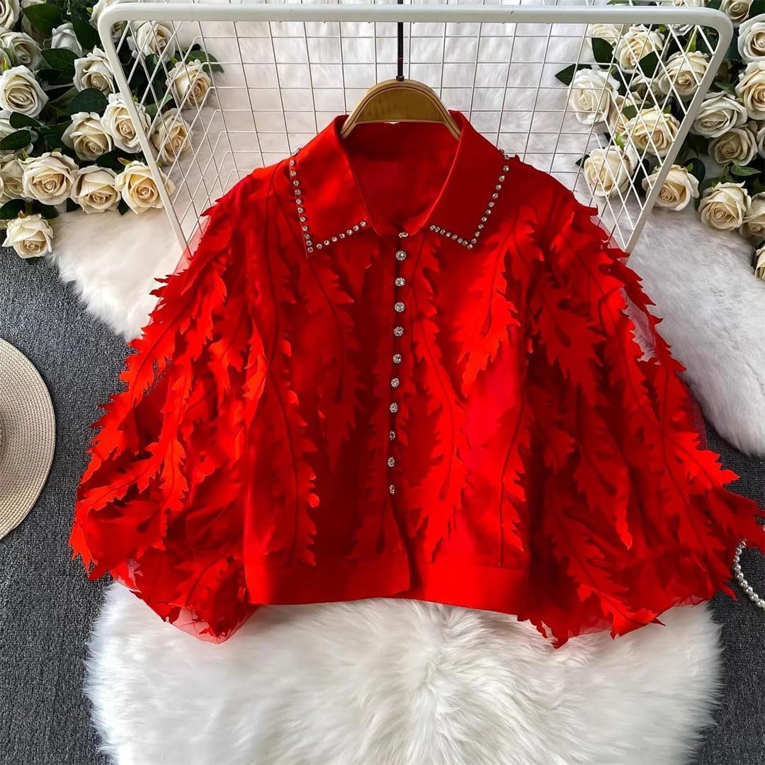 Women's Floral Embroidery Two Piece Set Lapel Collar Three Quarter Lantern Sleeve Button Down Blouse Floor Length Skirt Event