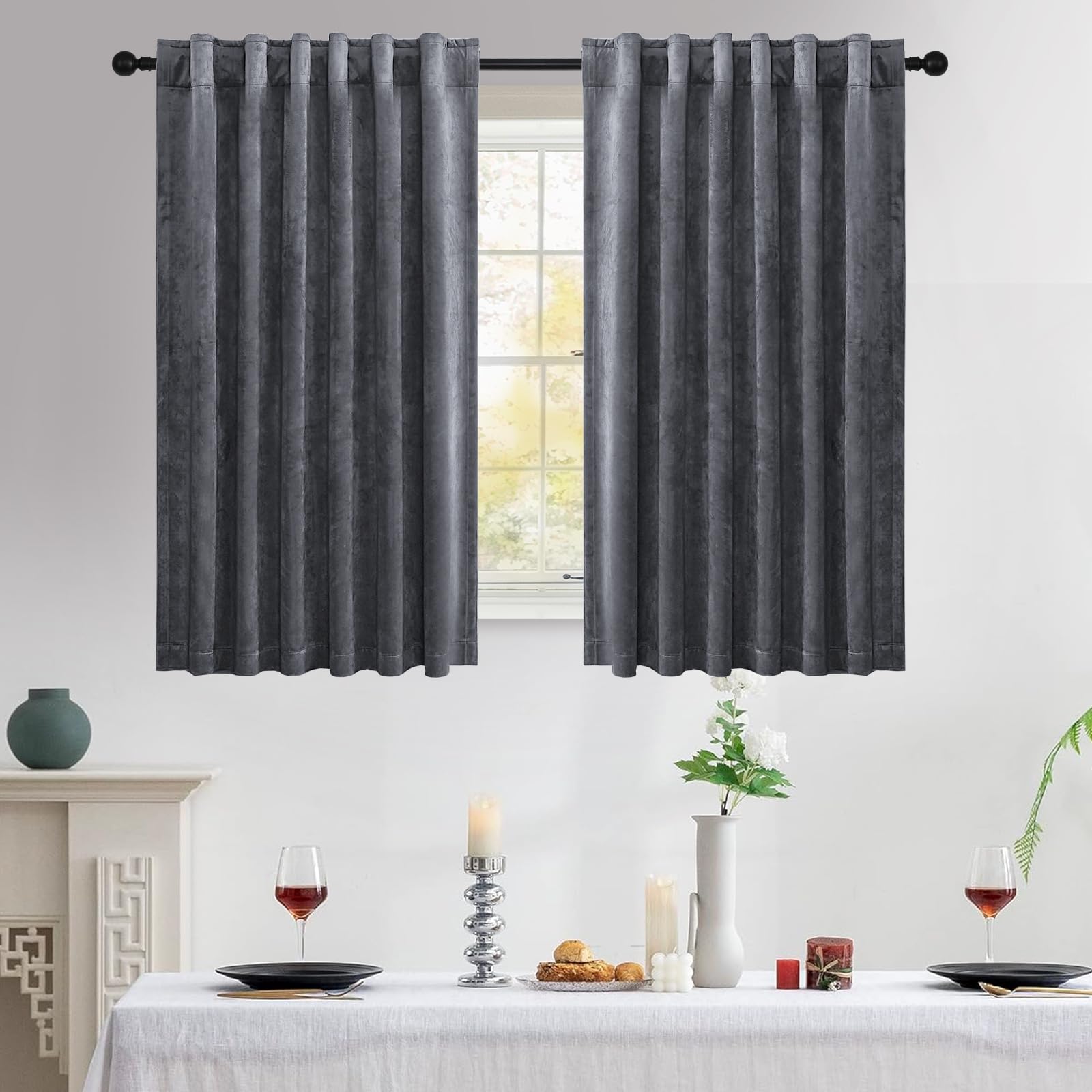 LumiLoom Grey Velvet Curtains 63 Inch Length, 100% Black Out Curtains for Living Room Winter, Heavy Duty Velvet Soundproof Blackout Drapes for Bedroom, 2 Panels Set, 52 x 63 Inch