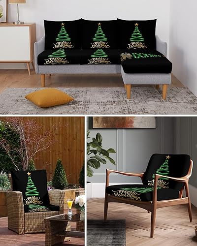 Miniatura 6 de Black Christmas Tree Couch Cushion Covers, Stretch Sofa Cover with Elastic Bottom, Green Xmas Tree Merry Christmas Sofa Slipcovers Protector