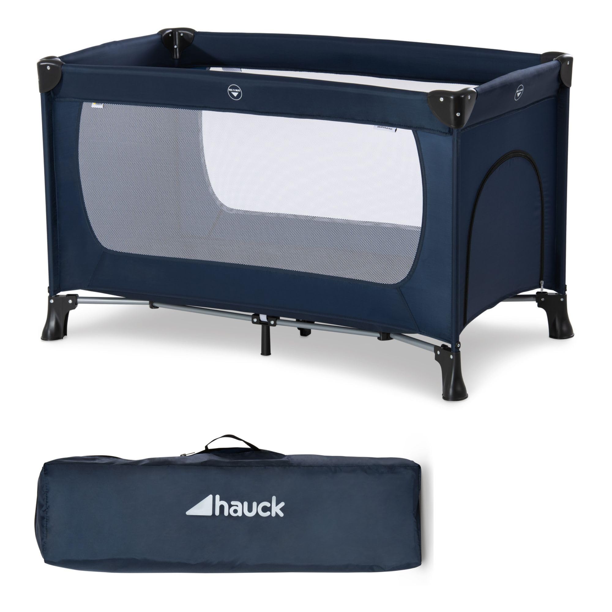 hauck Lit Parapluie Bebe Dream N Play Plus 120x60 cm avec Accès Frontale, dès la Naissance à 15 kg, Sac de Transport, Fond Rembourrée, Léger, Pliable et Compact - Navy Aqua