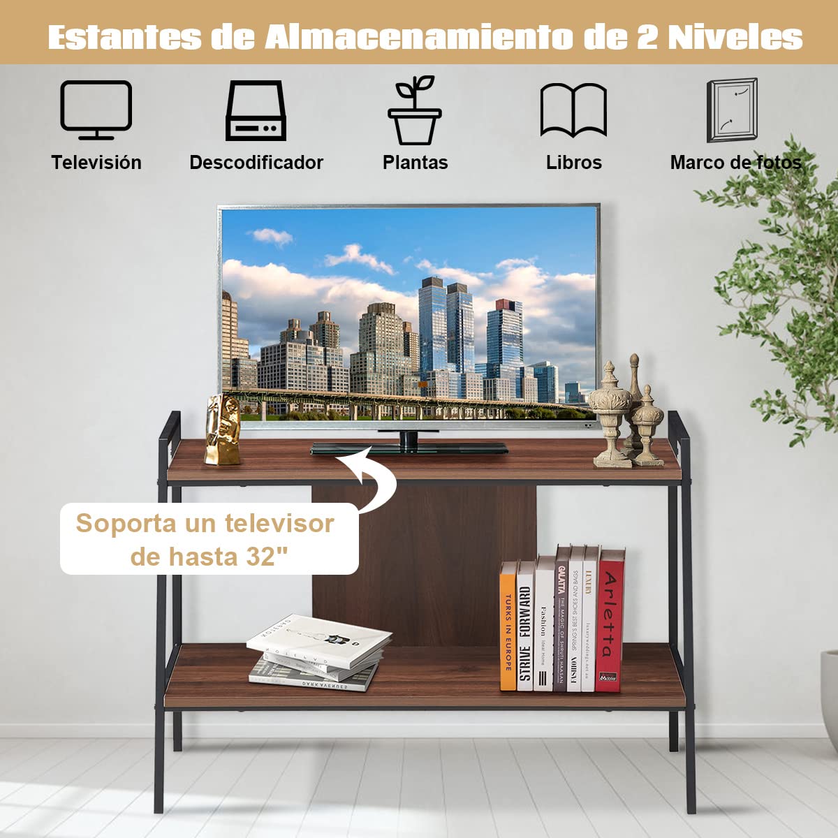 COSTWAY Mesa de TV, Centro de Entretenimiento de TV, Mesa Multimedia de Madera de 2 Niveles, para TV de hasta 32 Pulgadas, 89 x 43 x 60 cm, Nogal