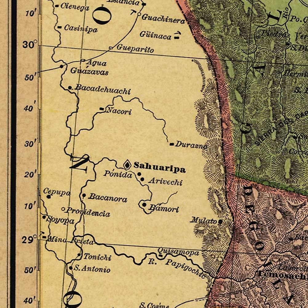 Antiguos Maps Estado Libre y Soberano de Chihuahua from Atlas Mexicano circa 1884 | Art Print Poster Vintage Wall Decor | 24 x 24 inches (610 mm x 610 mm)