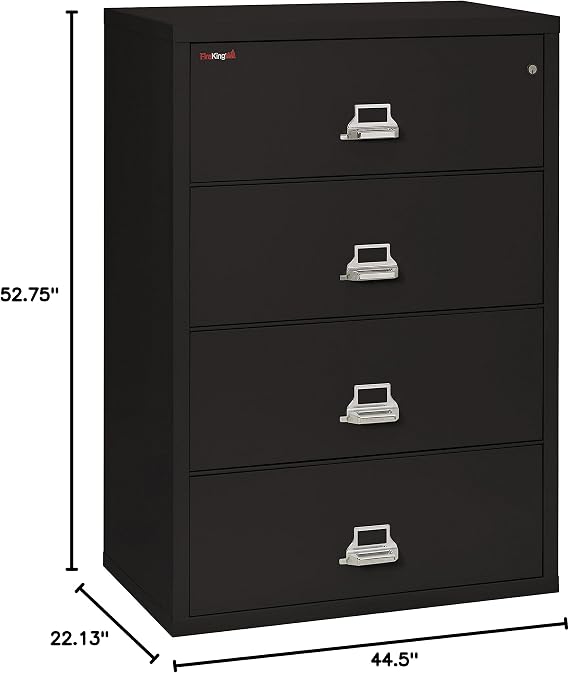 FireKing Fireproof Lateral File Cabinet (4 Drawers, Impact Resistant, Water Resistant), 44 W x 22 D, Black, Made in USA