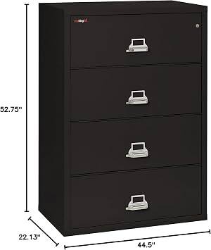 FireKing Fireproof Lateral File Cabinet (4 Drawers, Impact Resistant, Water Resistant), 44 W x 22 D, Black, Made in USA