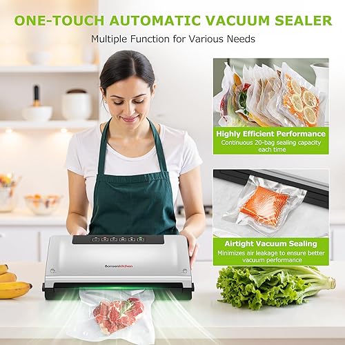 Miniatura 3 de Bonsenkitchen Máquina selladora al vacío, cortador integrado  Almacenamiento de bolsas, sellador de alimentos multifuncional para Sous Vide y