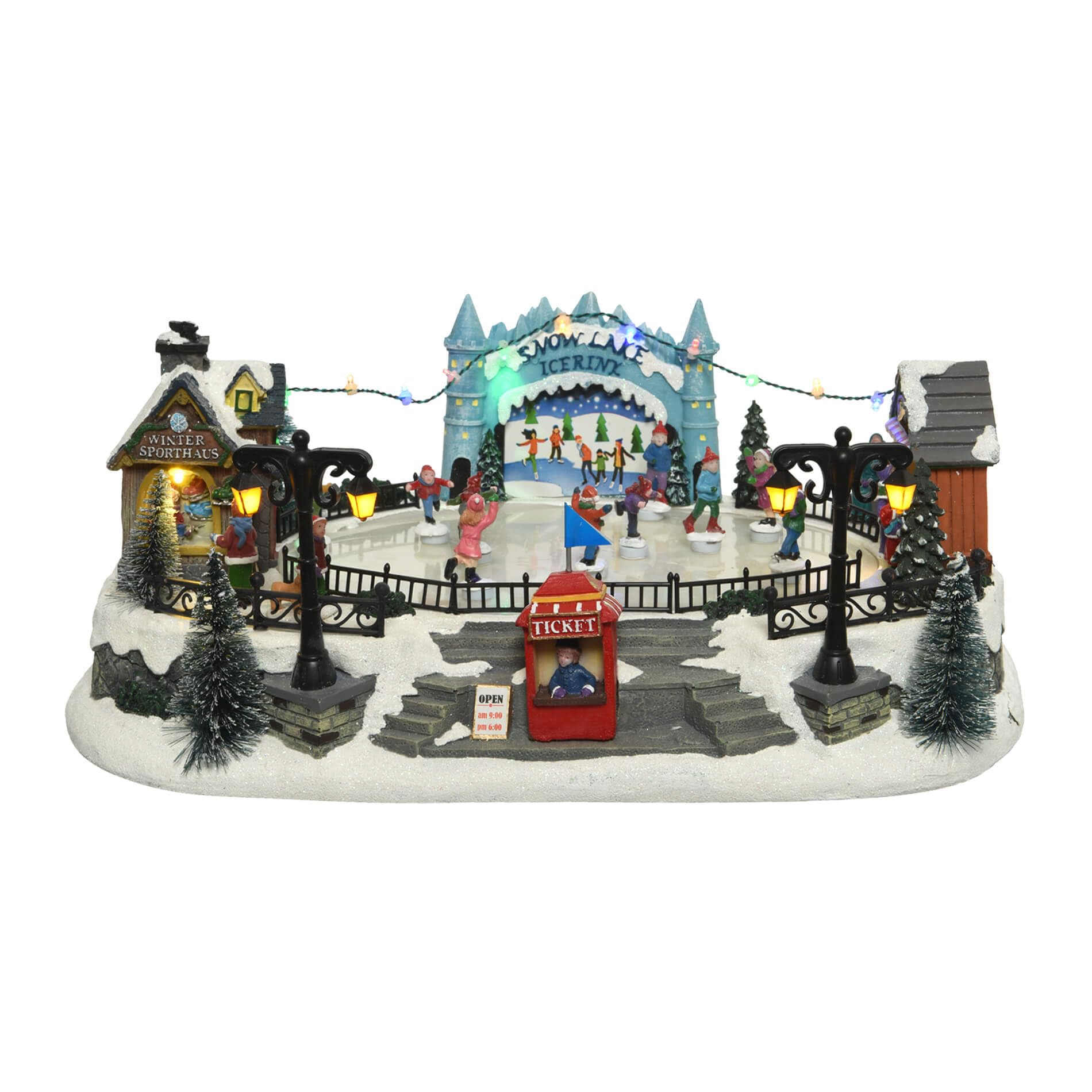 Rebecca Mobili Pueblo navideño con luz y movimiento, escena navideña con caja de música, poliresina, decoración navideña, ideas de regalo – Dimensiones (alto x ancho x profundidad): 16,5 x 41,5 x 28,5