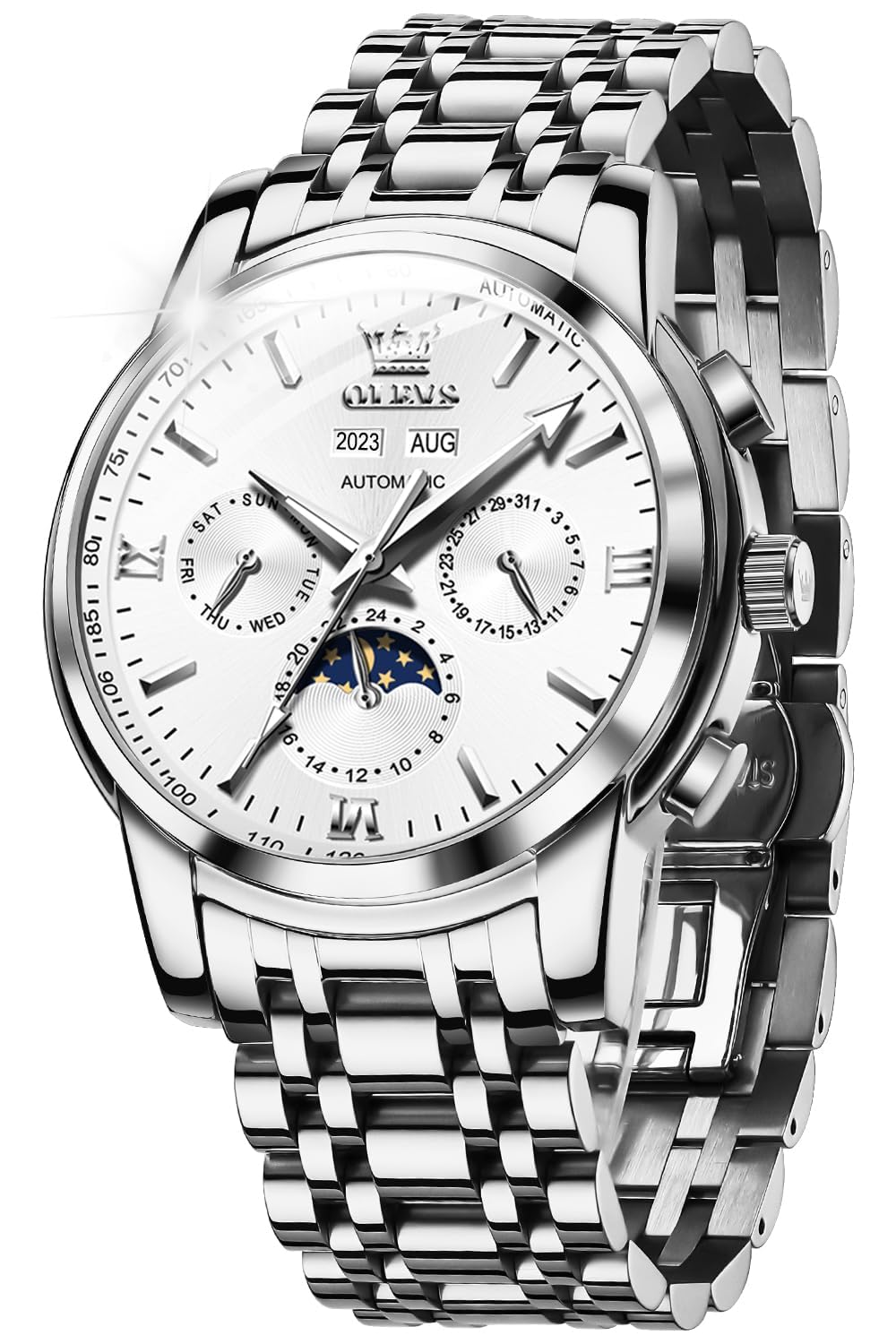 OUPINKE Herrenuhr Automatik Mechanische Armbanduhr mit Mondphase Wasserdicht Luminous Tag Datum Zweifarbige Edelstahlarmband