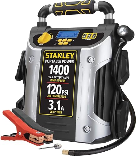 Stanley J7C09D 1400 Peak Amp Automotive Jump Starter, Portable Power – Triple 15W USB Ports, 120 PSI Air Compressor for Tires & Sports Equipment - 1,400 Peak Amps - J7C09D - No Inverter, Permanent Clamps