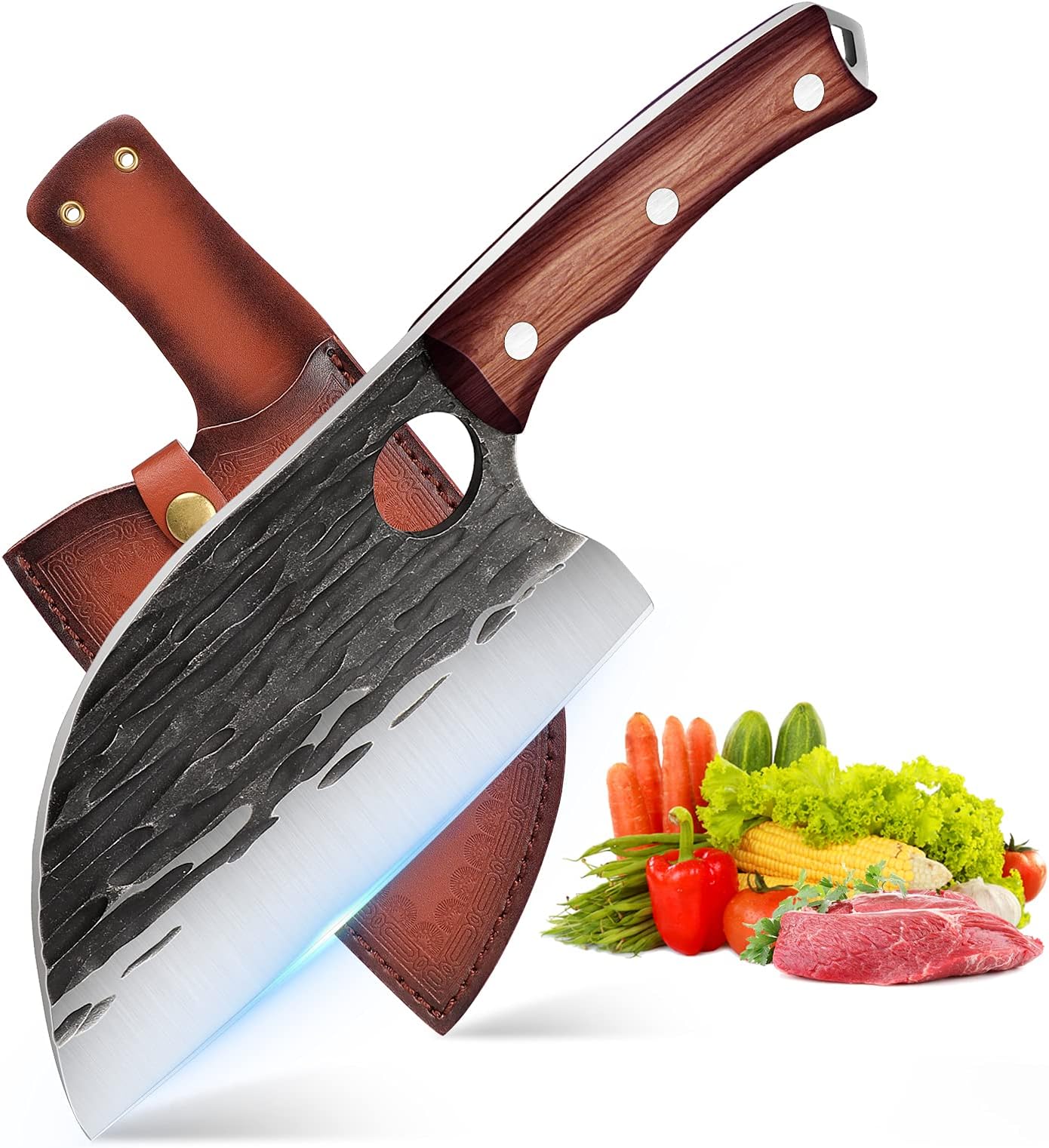 ROCOCO Cleaver Knife Serbian er Knife Hand forged Kitchen Knives for Meat Vegetable Sharp Chopping Knife Full Tang Handle High Carbon Steel Chef Knife with Sheath Outdoor Boning Knife for BBQ Camping