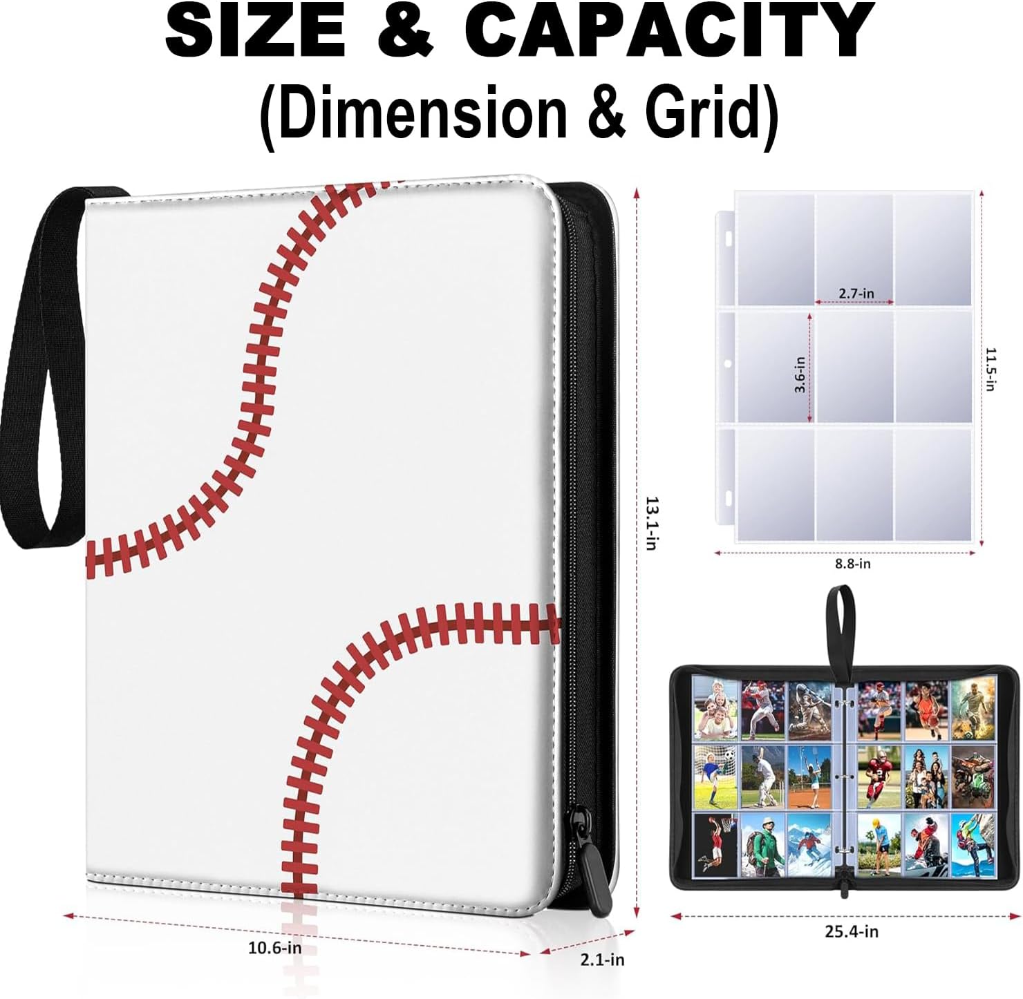 Baseball Cards Binder 9-Pocket - Waterproof PU Leather 900 cards Album with 3-Ring & Portable Strap, Protective Card Holder for Collectible Baseball Cards, Trading Cards, Sports Cards