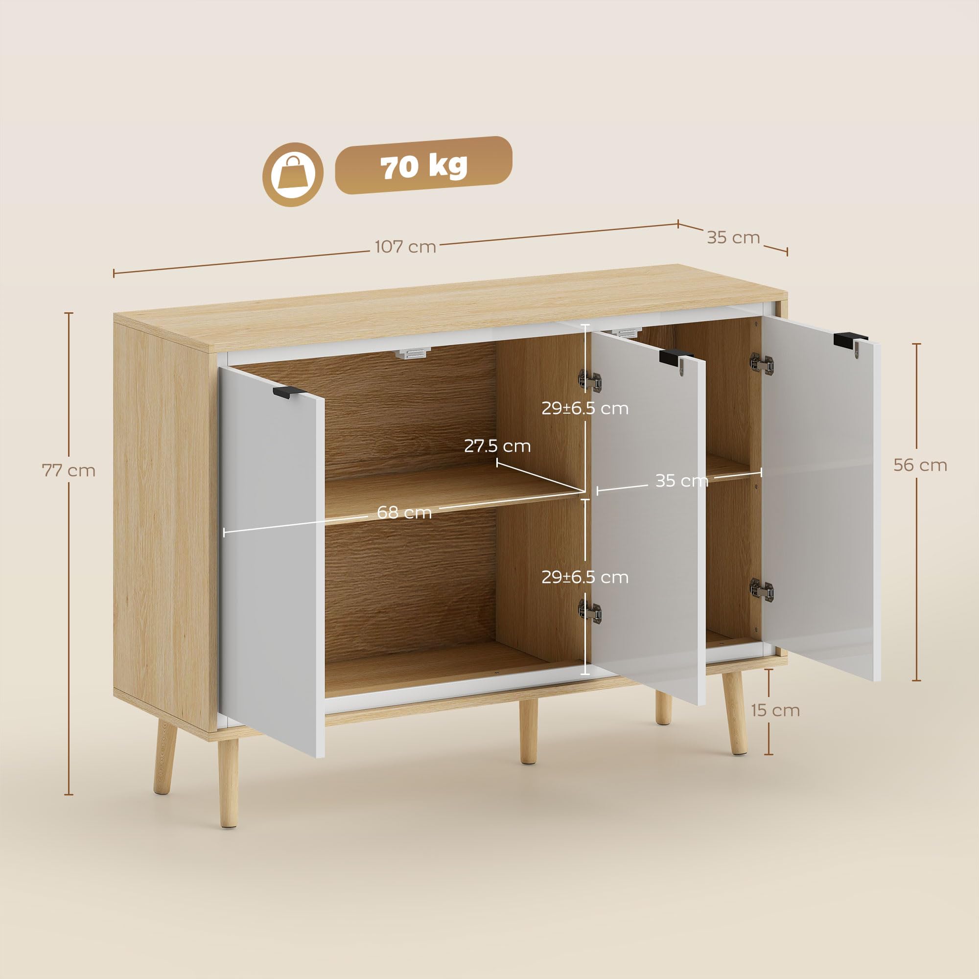 HOMCOM Credenza Cucina con 3 Ante, Mobile Cucina Moderno con Ripiano Regolabile e Piedi in Legno, Credenza Buffet per Soggiorno, Sala da Pranzo e Salotto, 107x35x77 cm, Bianco Lucido e Rovere