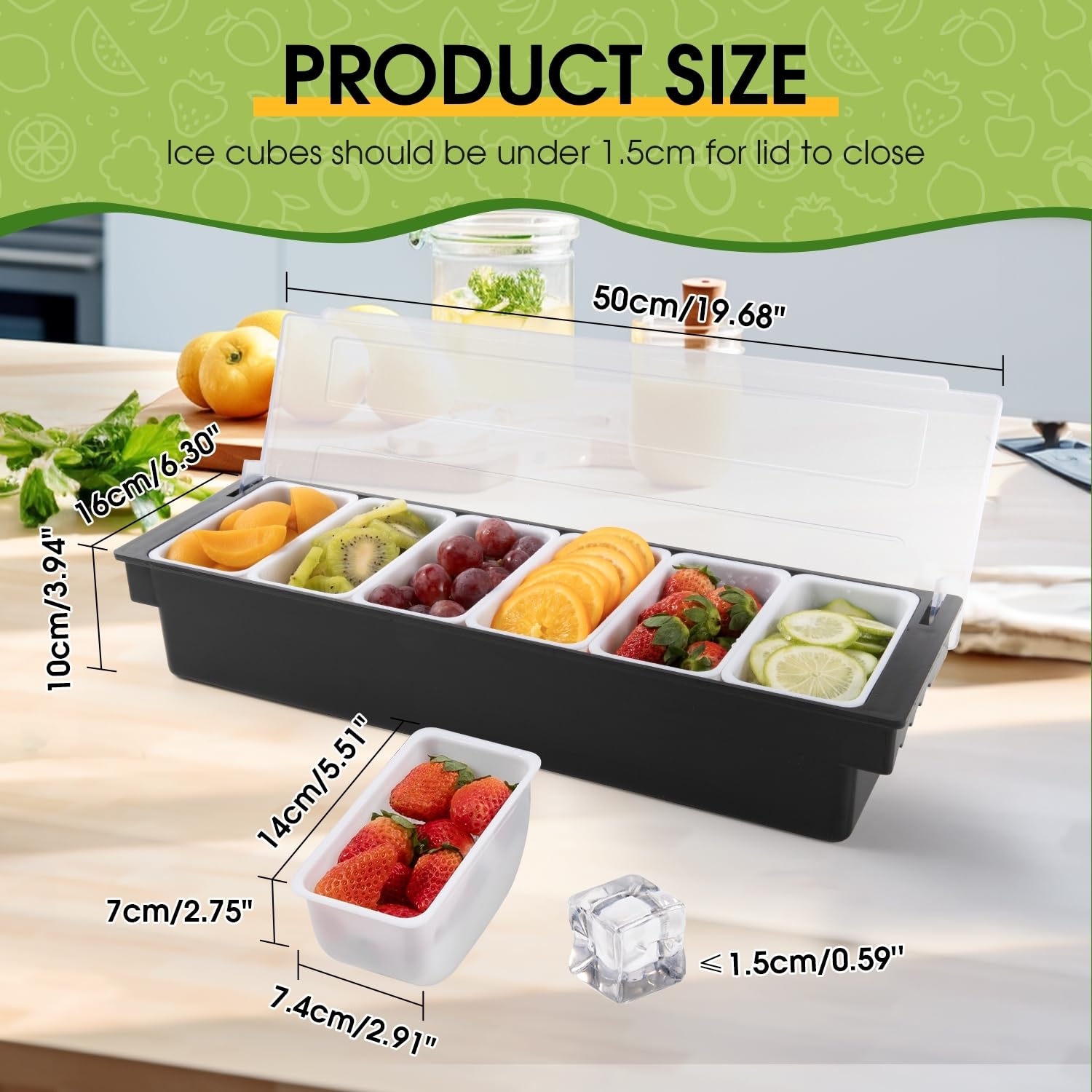 Eisgekühlter Gewürz-Servierbehälter, Obst, Gemüse, Gewürzbehälter, Kunststoff, Garnierstation mit Deckel für Obst, Eis, Salat, Bar-Topping Organizer für Restaurantbedarf (6 Fächer)