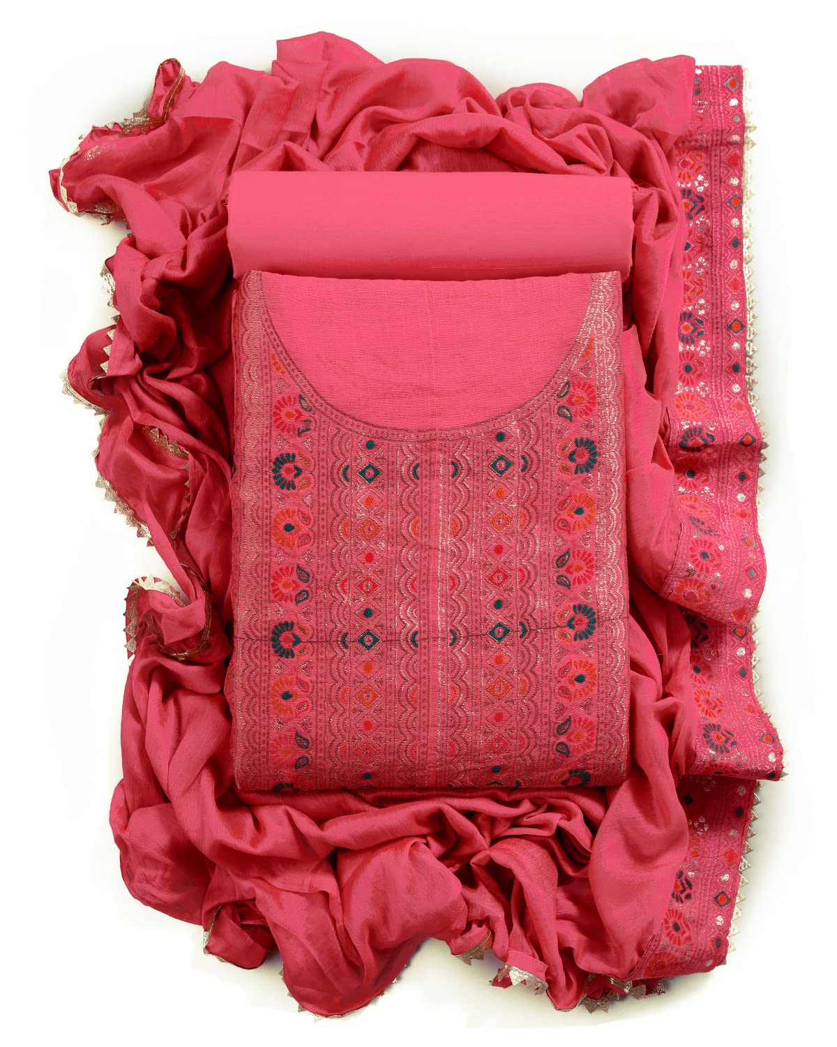 Sun Fashion And Lifestyle Women's Cotton Silk Sequins Embroidery Unstitched Salwar Suit Material, 2 Mtr Cotton Salwar, Stylish Cotton Silk Embroidered Dupatta (Design 80; Free Size)