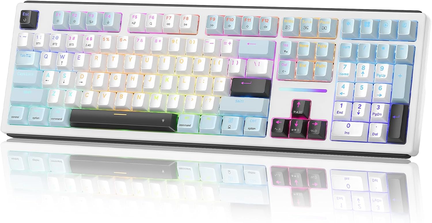 K771 Wireless Mechanical Keyboard, 108-Key Gaming Keyboard with 4 Extra Hotkeys, 5-Layer Noise Dampening, Pre-lubed Linear Switches, Hot-swap Custom RGB Keyboard for PC/Mac - Blue&White