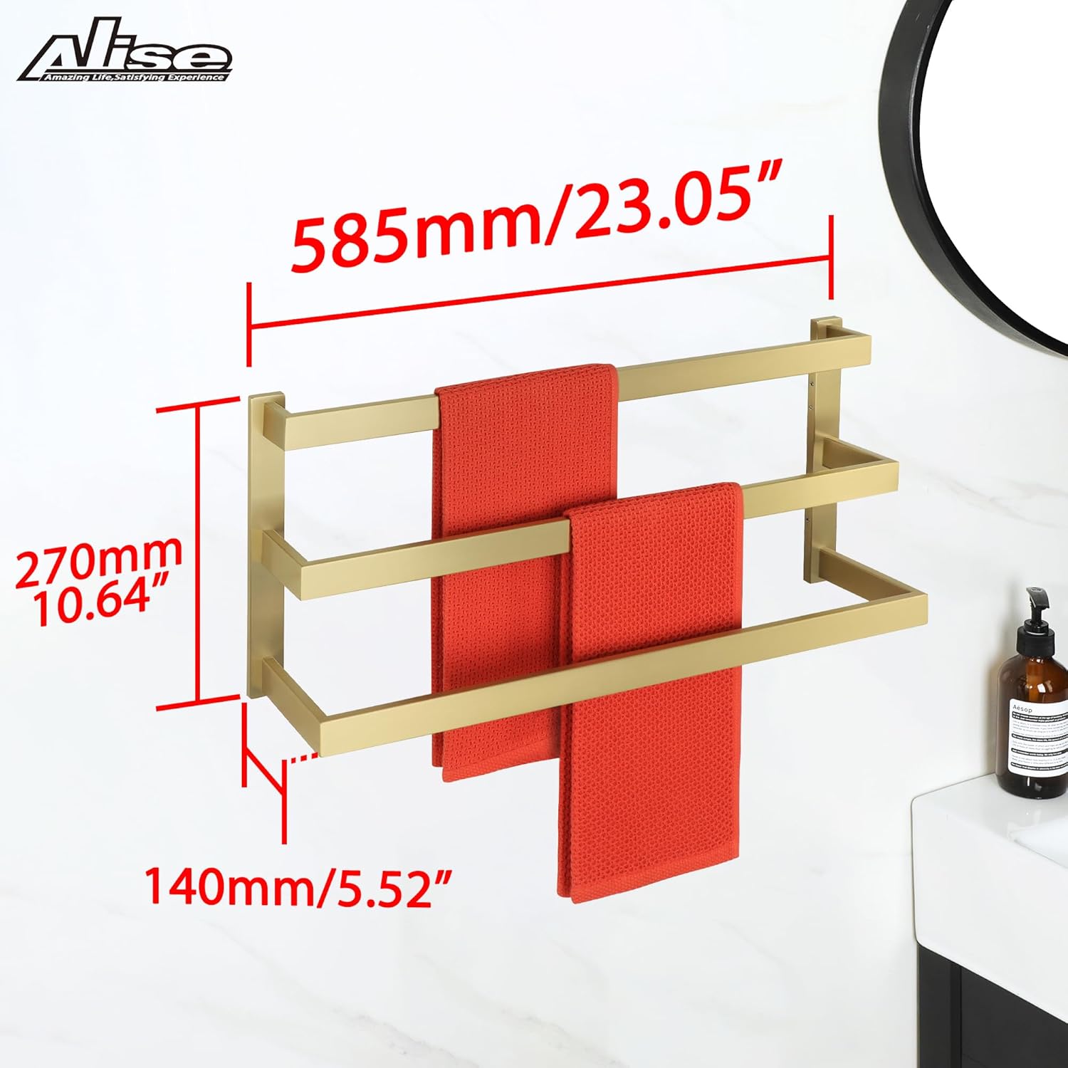 Alise 3-Layers Towel Bars for Bathroom Wall Mount,Brushed Gold Towel Holder Towel Racks for Bathroom Lavatory,SUS304 Stainless Steel Square Towel Rail Towel Hanger for Walls