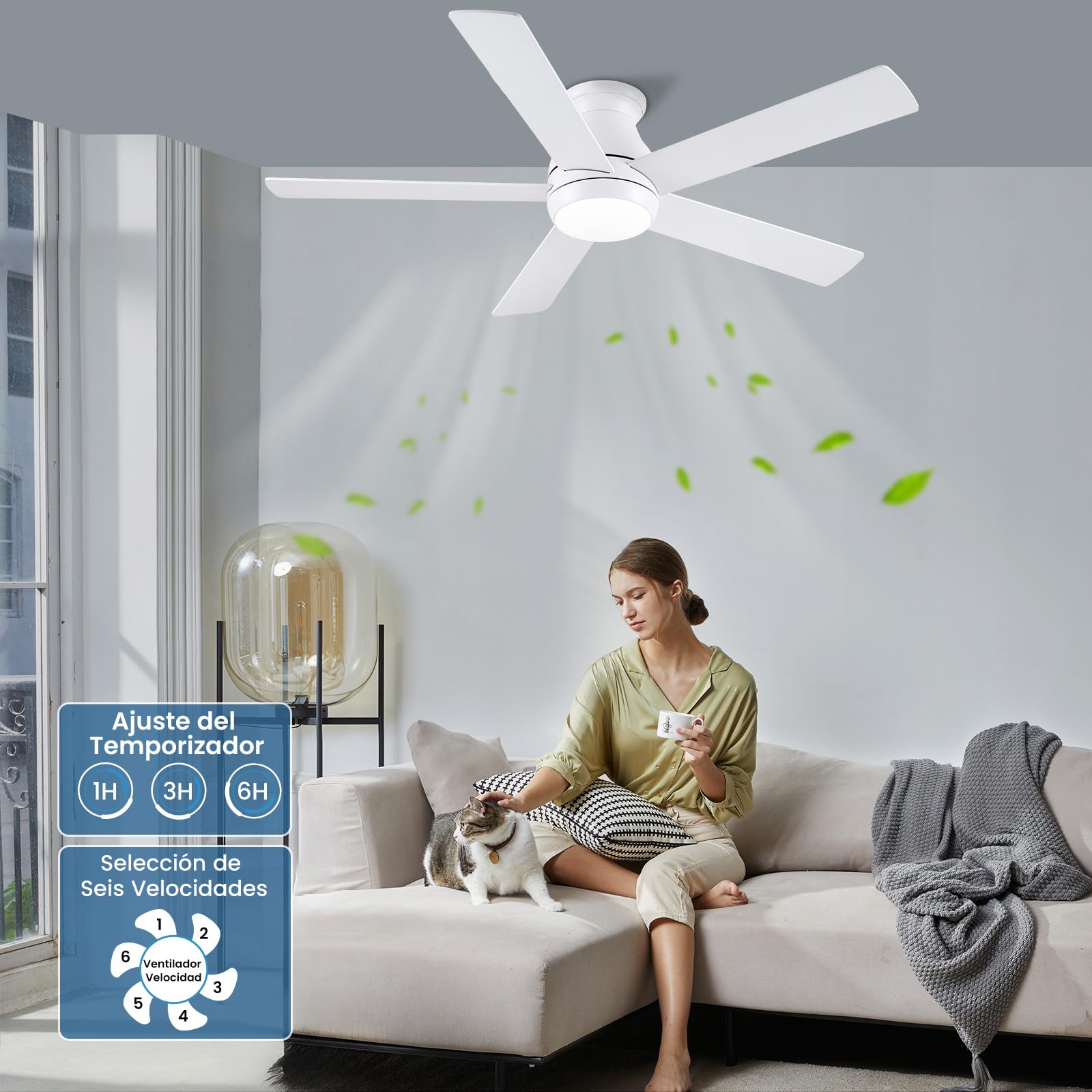 CJOY Ventilador de Techo 132CM, Ventilador de Techo Silencioso Blanco | Madera Ventiladores de Techo con Luz Regulable, 6 Velocidades, 5 Aspas Reversible DC, Para Dormitorio/Salon/Habitación
