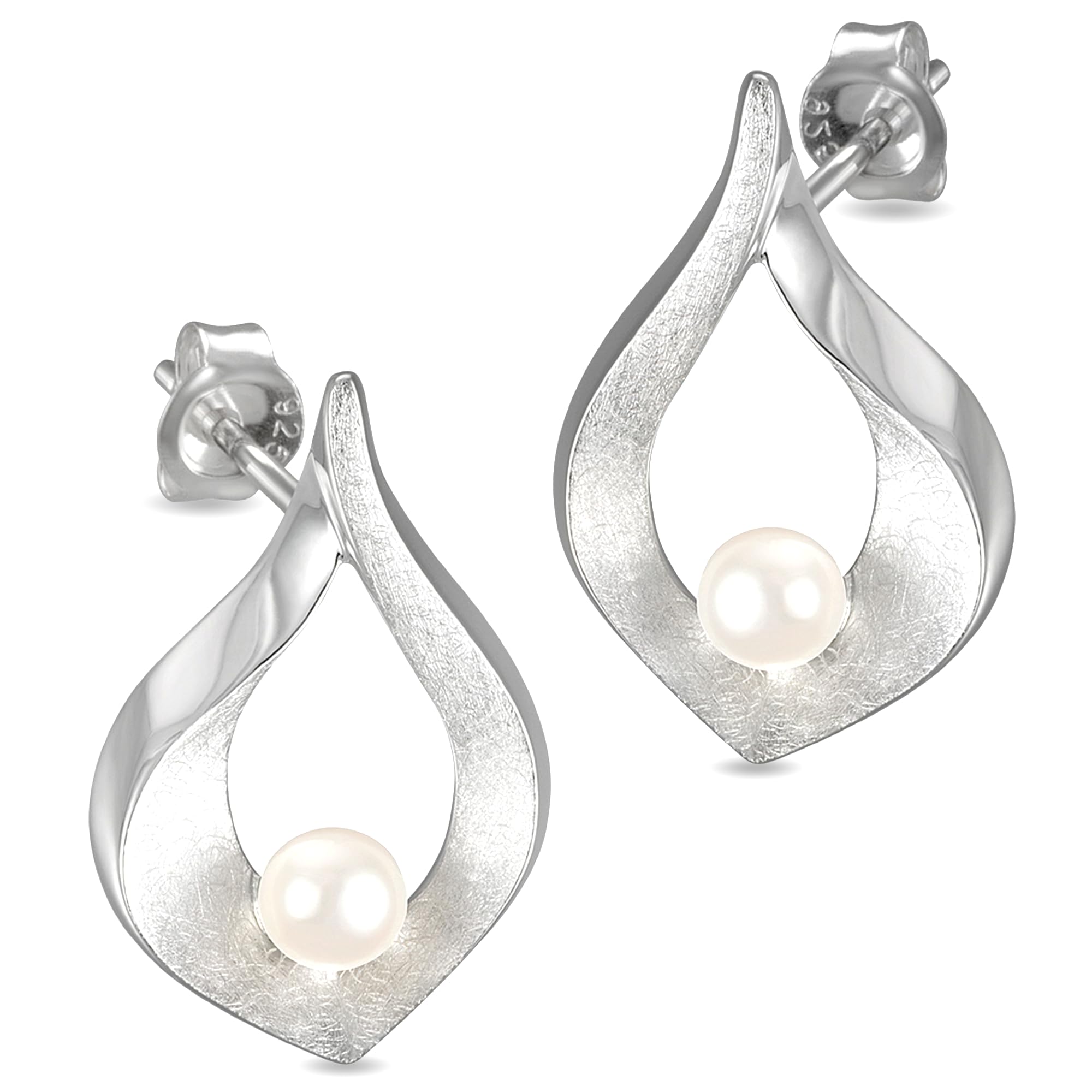 Vinani Damen Ohrstecker 925 Silber - Oval gebürstet glänzend Perle - Ohrringe aus 925 Sterling Silber für Frauen - OFMP