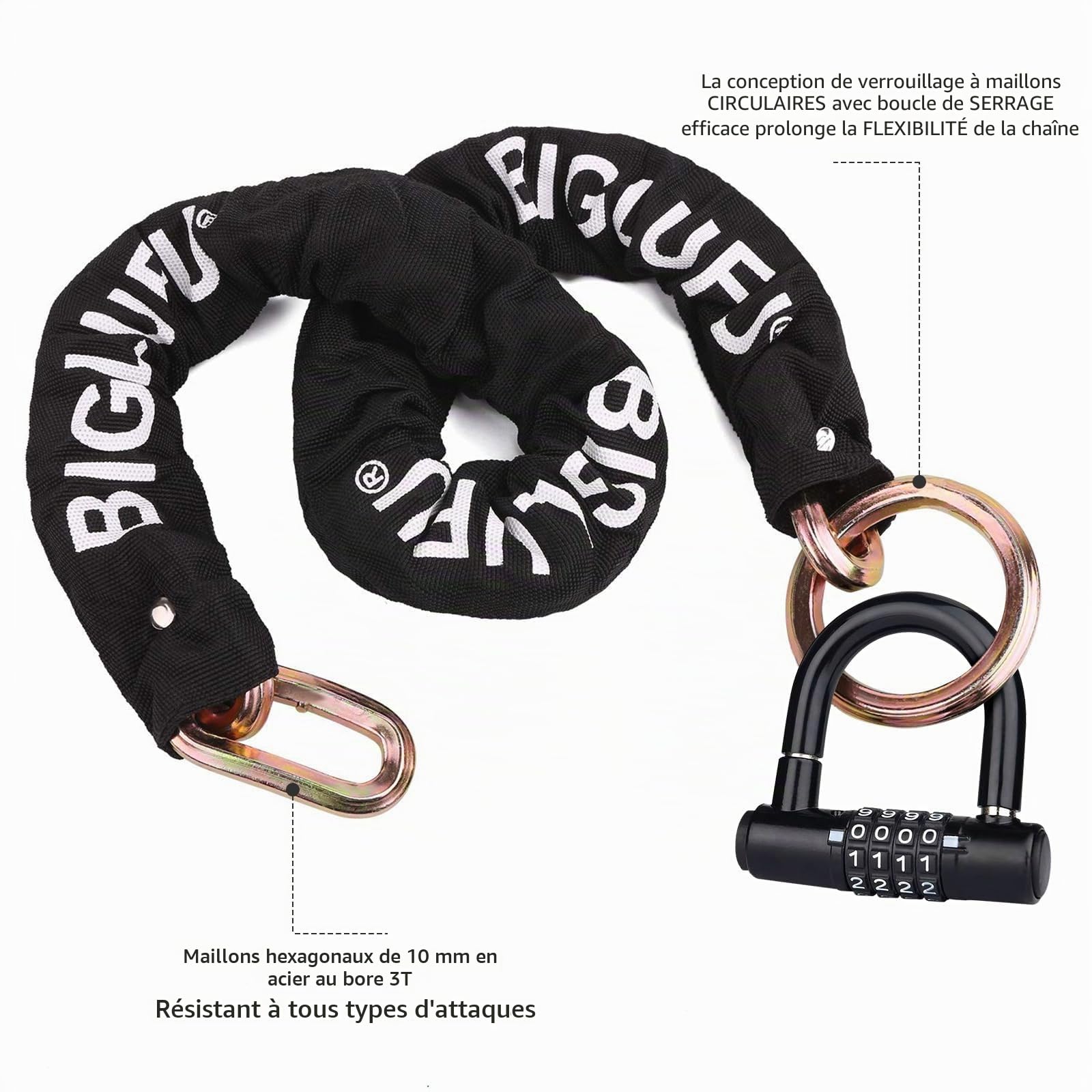 Antivol Velo Antivol Moto, Chaînes Antivol Haute sécurité avec 4 clés, 100/12cm Longueur Antivol de moto Chaîne 10mm Dia avec Cadenas à Combinaison