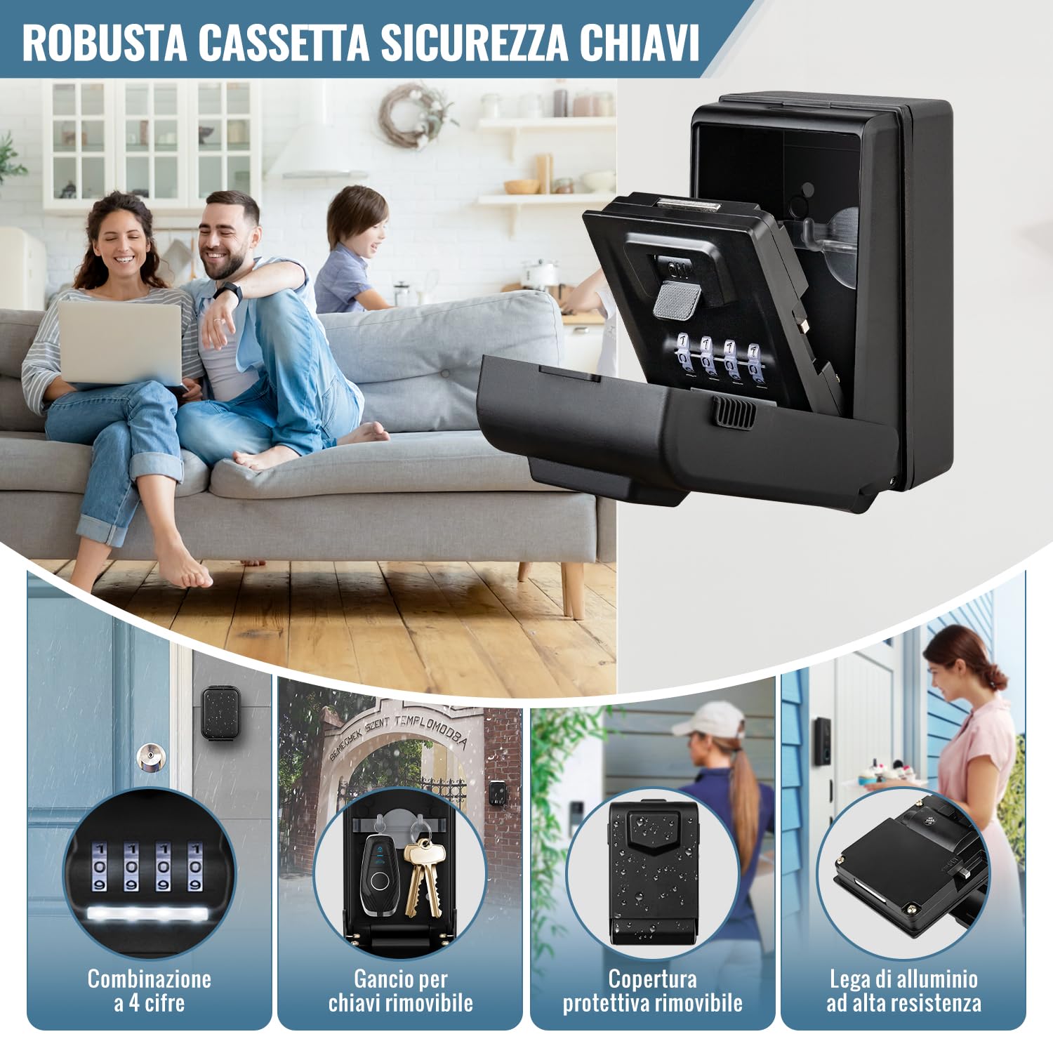 Cassetta Sicurezza Chiavi Esterno Retroilluminata Grand Cassetta di Sicurezza per Chiavi Impermeabile Cassetta Portachiavi con Codice 4 Cifre, Cassaforte per Chiavi per Casa Scuola