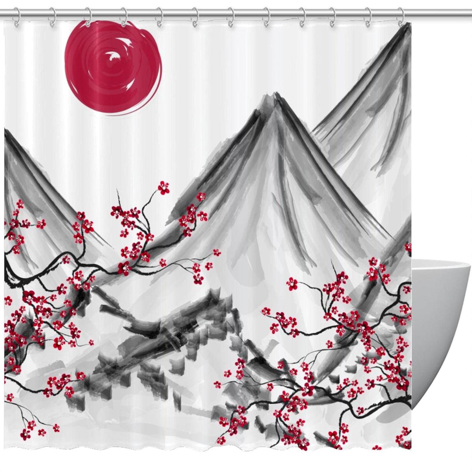 Rideau de douche japonais fleurs de cerisier 150x180cm avec 12 crochets