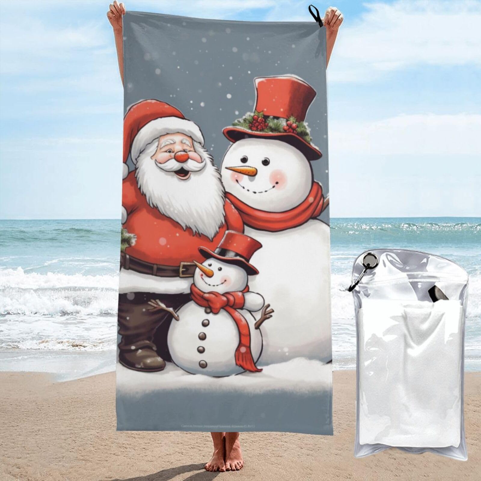 BWWHCCTI Santa Claus and Snowman Printed Microfiber Quick Dry Beach Towel 70x140 CM, Fast Drying Bath Towels with Bags for Travel,Camping,Gym,Beach,Swimming,Yoga