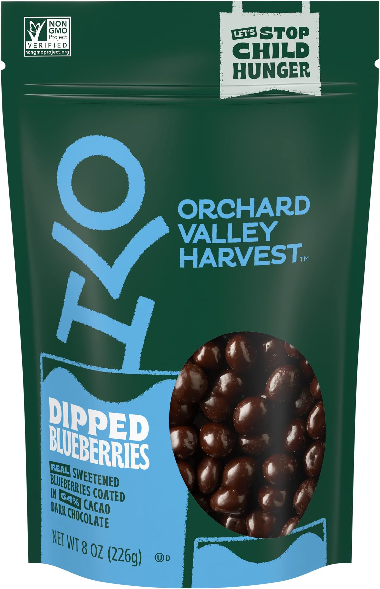 Orchard Valley Harvest Dark Chocolate Dipped Blueberries, 8 oz (Pack of 1), Made With Real Sweetened Blueberries, Gluten Free, Non-GMO, Resealable Bag, Snacks for Adults & Kids