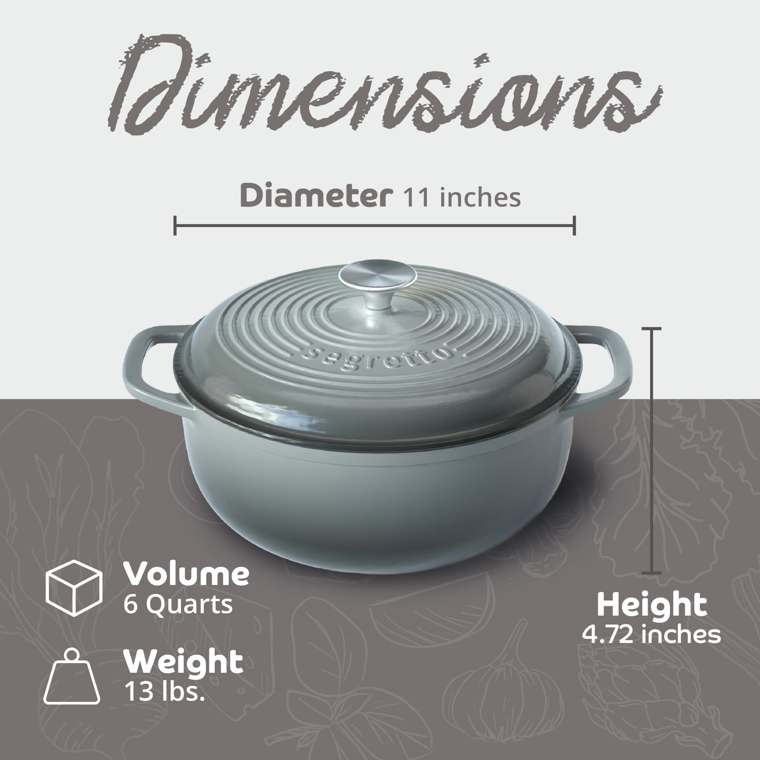 Segretto Cookware Horno holandés de hierro fundido esmaltado, 6 cuartos de galón, gris degradado