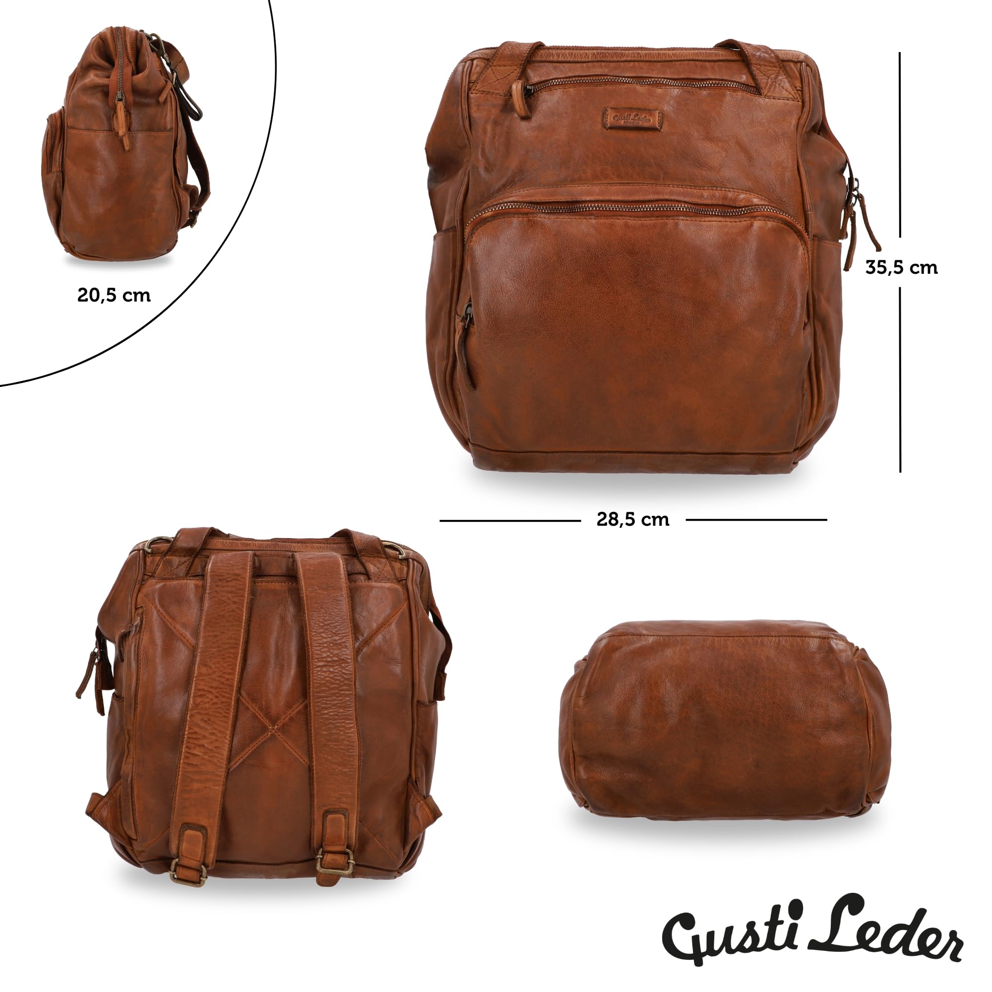 Gusti Leder Wickelrucksack Carina - Leder Wickeltasche mit Wickelauflage & Organizer Fächern - Lederrucksack Damen & Herren - Kinderwagen Organizer & Reisetasche