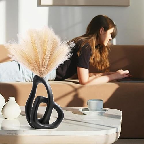 Miniatura 2 de Jarrones de cerámica modernos para ramo de hierba de las pampas, jarrón negro decorativo bohemio funky para centros de mesa, estante de sala de