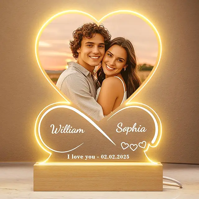 Lampe LED Personnalisée avec Photo - Cadre Cœur Infini Lumineux en Bois