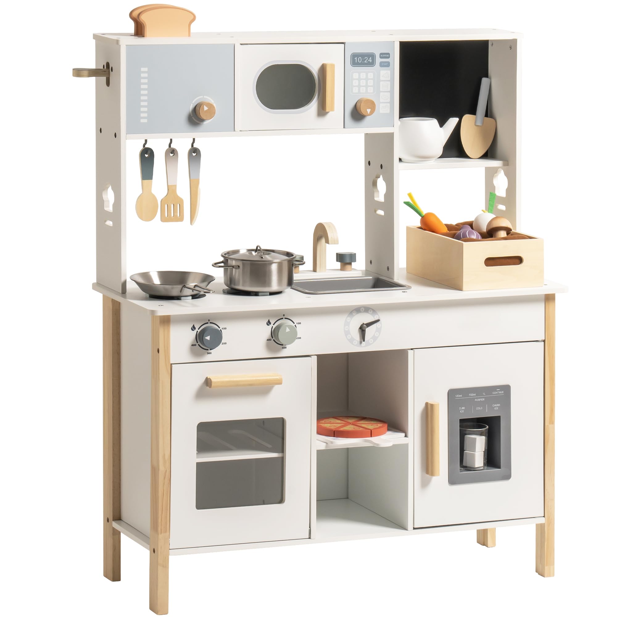 ROBOTIME Kinder-Holzspielküche mit Brotmaschine, Eiswürfelspender, Tafel und mehr, inklusive Spiel-Lebensmitteln Mädchen und Jungen ab 3 Jahren | Kinderküche Zubehör mit Toaster, Eismaschine, Schneidelebensmitteln und Pizza, Geschenk für Mädchen und Junge