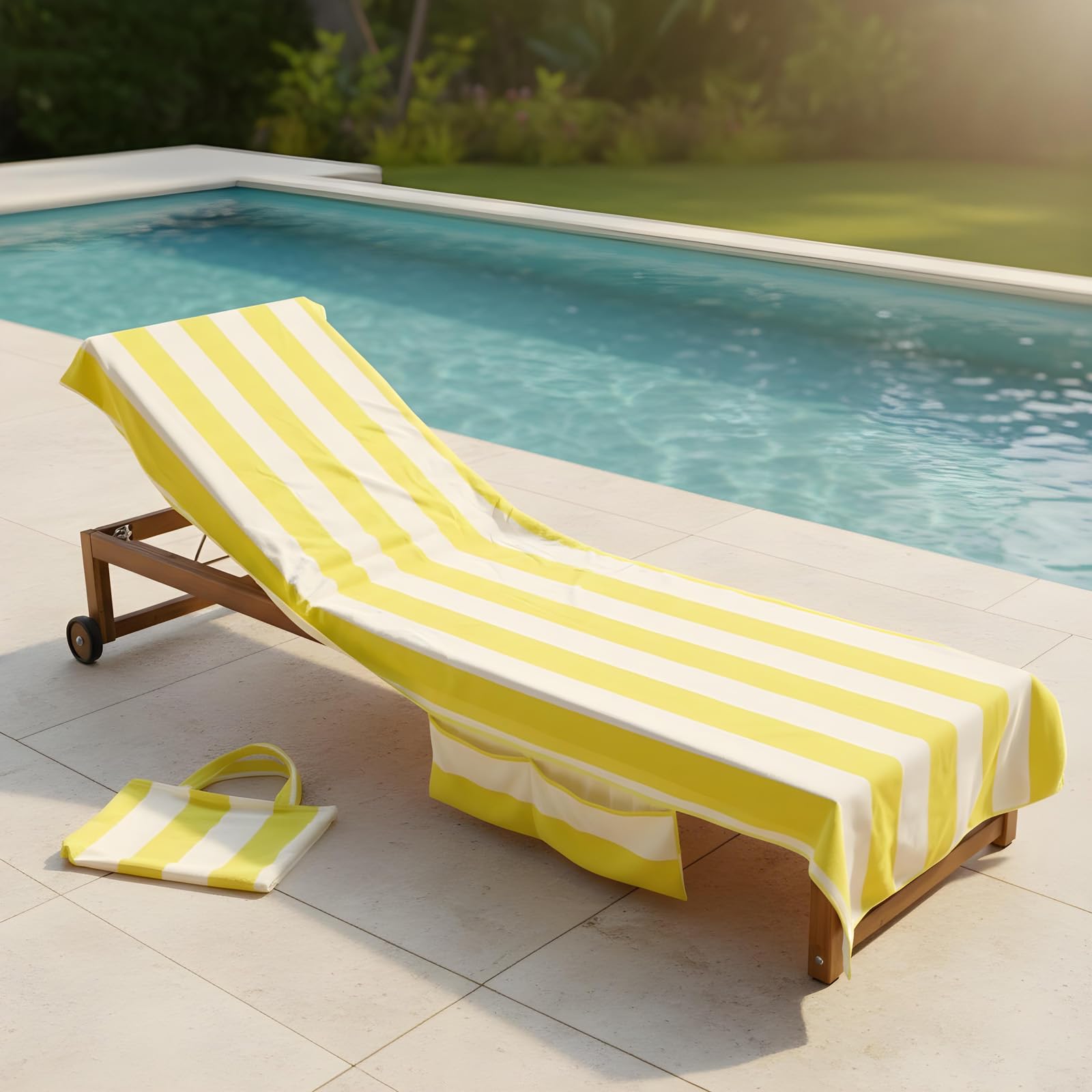 Ohs Yellow Sun Lounger Towel With Pockets, Soft Absorbent Summer Holiday Essentials Stripe Beach Towels For Adults Lightweight Quick Dry Large Microfibre Beach Towel, - 75 X 215Cm