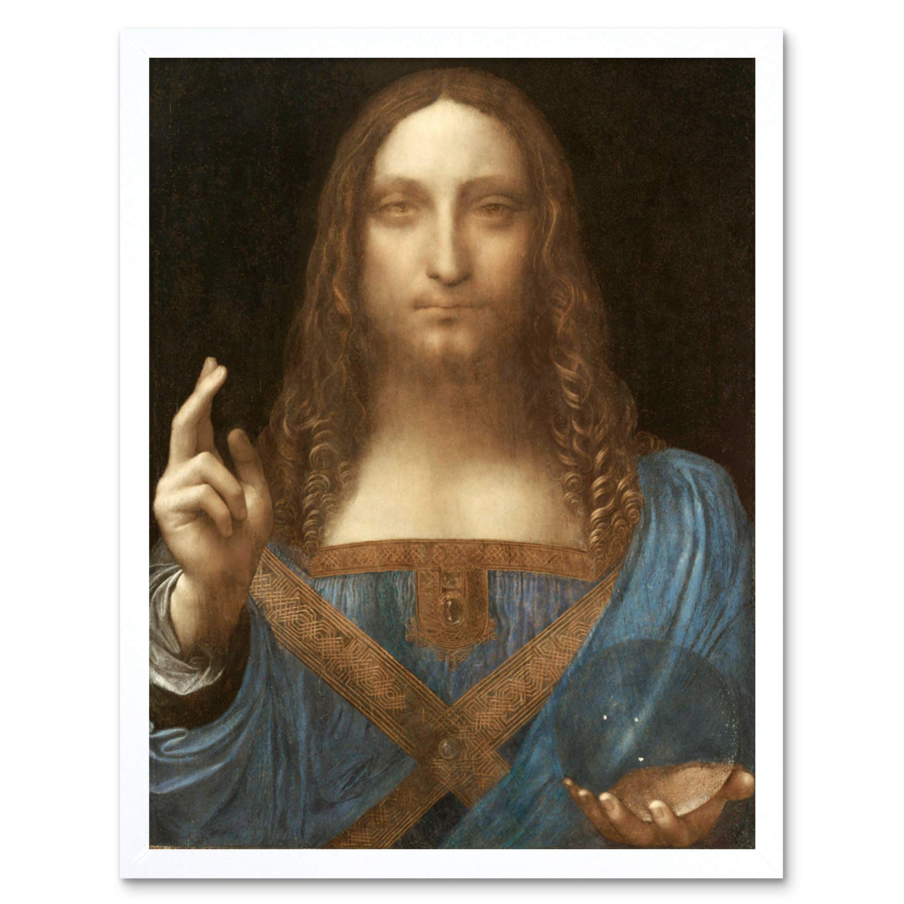 Fine Art Prints Framed White 12X16 Da Vinci Salvator Mundi World Saviour Jesus Painting Art Print Framed Poster Wall Decor 12X16 Inch