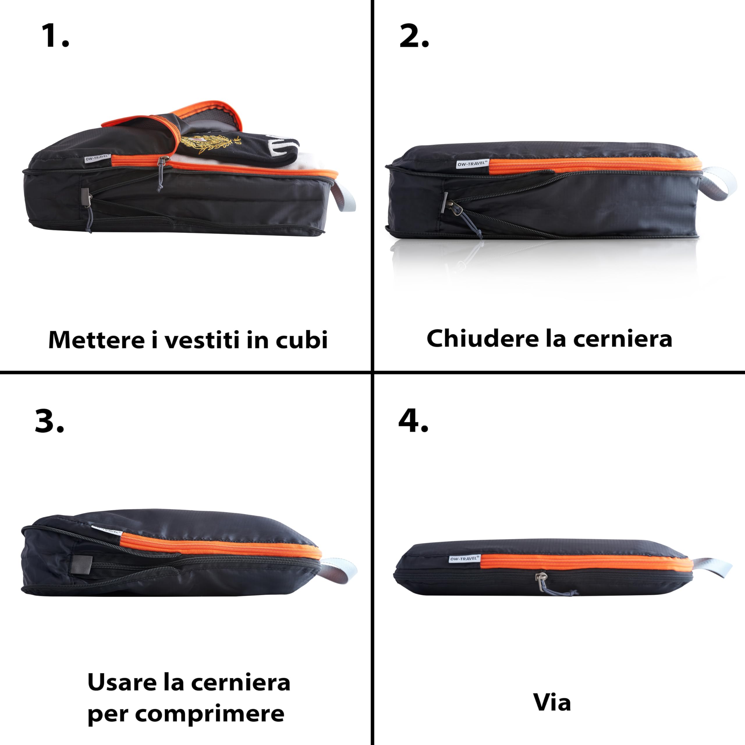 OW-Travel Organizer Valigia Salvaspazio a Compressione (4 Medi) Packing Cubes Compression per Zaino. Organizer da Viaggio per Valigia. Cubi Organizzatori per Valigie. Sacchetti Vestiti Viaggio