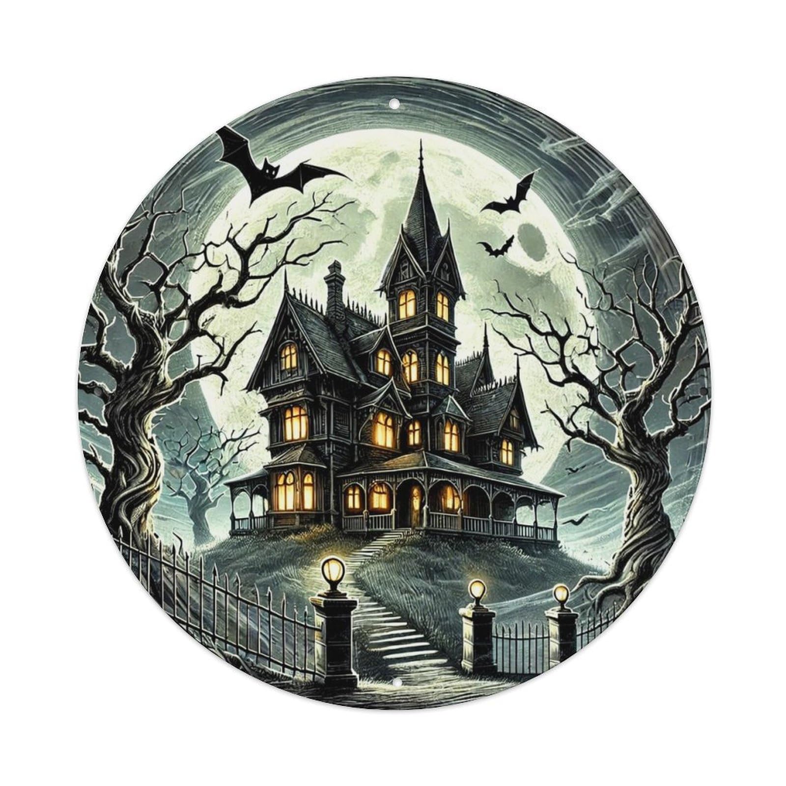 Haunted House Moonlit Night Scene Vintage Metal Tin Sign Retro Wall Decor for Home Bar Garage Cafe, Indoor & Outdoor Decorative，circle Metal Poster, 8x8 Inch