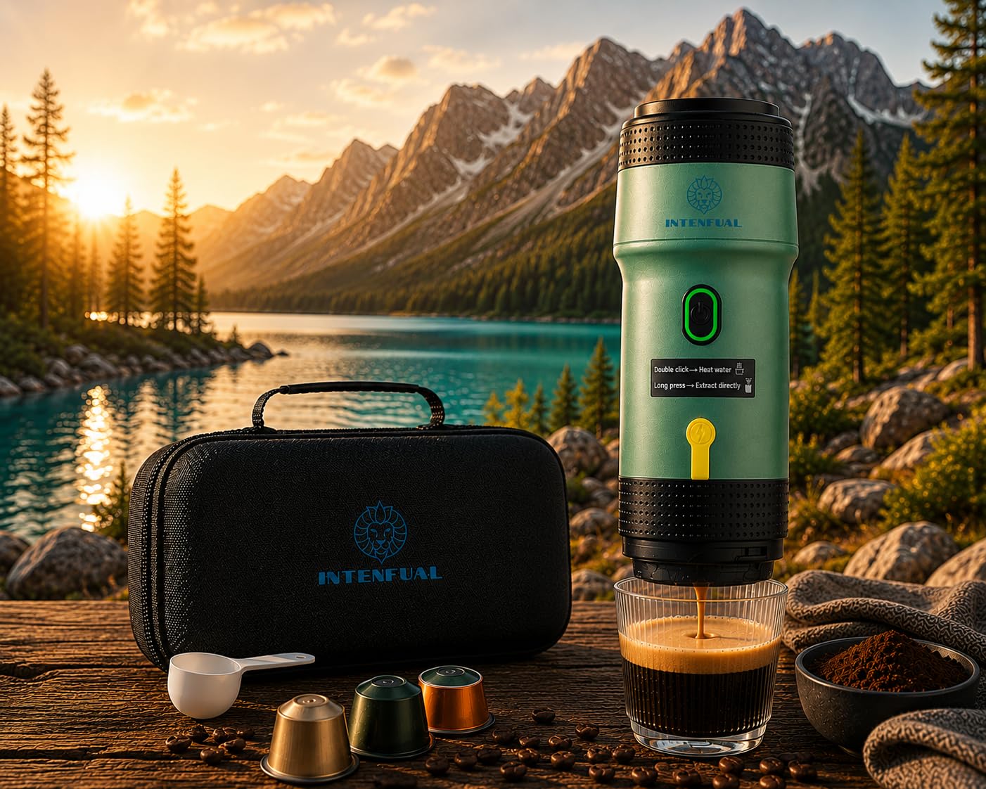 Cafetera Portátil Espresso, Autocalentable con Batería 12V, Compatible con Cápsulas Nespresso, Dolce Gusto y Café Molido para Viajes y Coche, Ideal para Camping y Exterior