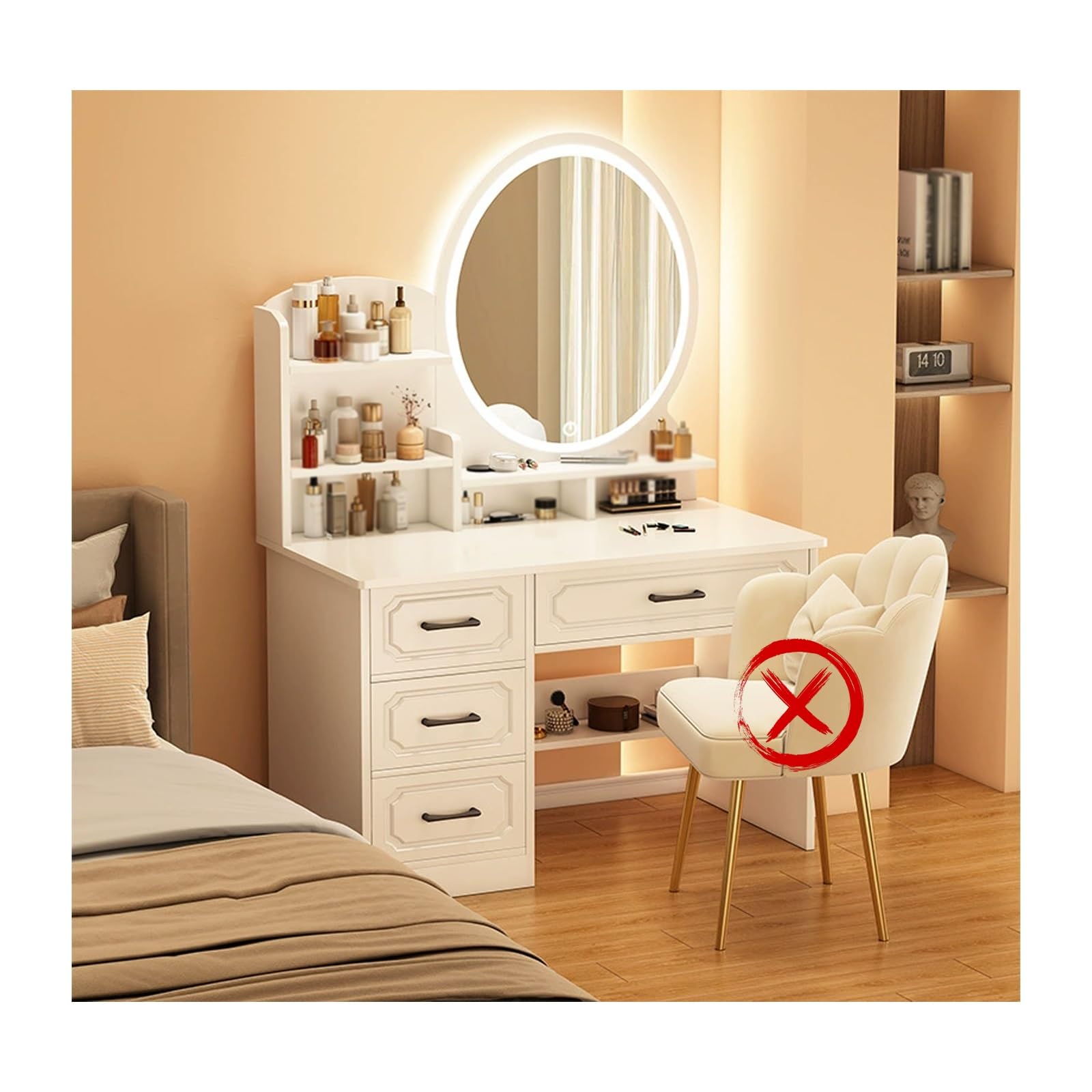asdchZen Modern Bedroom Dresser With Makeup Desk Open Shelves And Adjustable Light Mirror Multiple Storage Options Space Saving Vanity Table For Bedroom,White Round Mirror-80 * 36cm