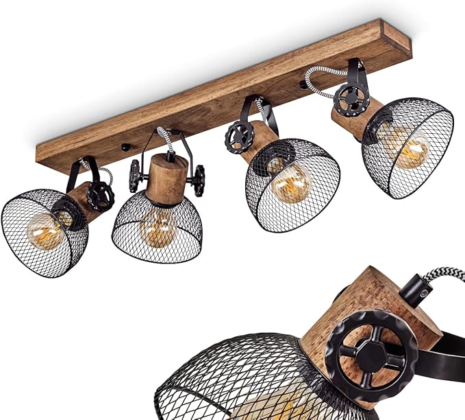 hofstein Plafondlamp Orny, plafondlamp in vintage design van hout/metaal in bruin/zwart met kappen in rasteroptiek, lamp met houten balken, textielkabels en verstelbare spots, 4x E27, zonder gloeilampen