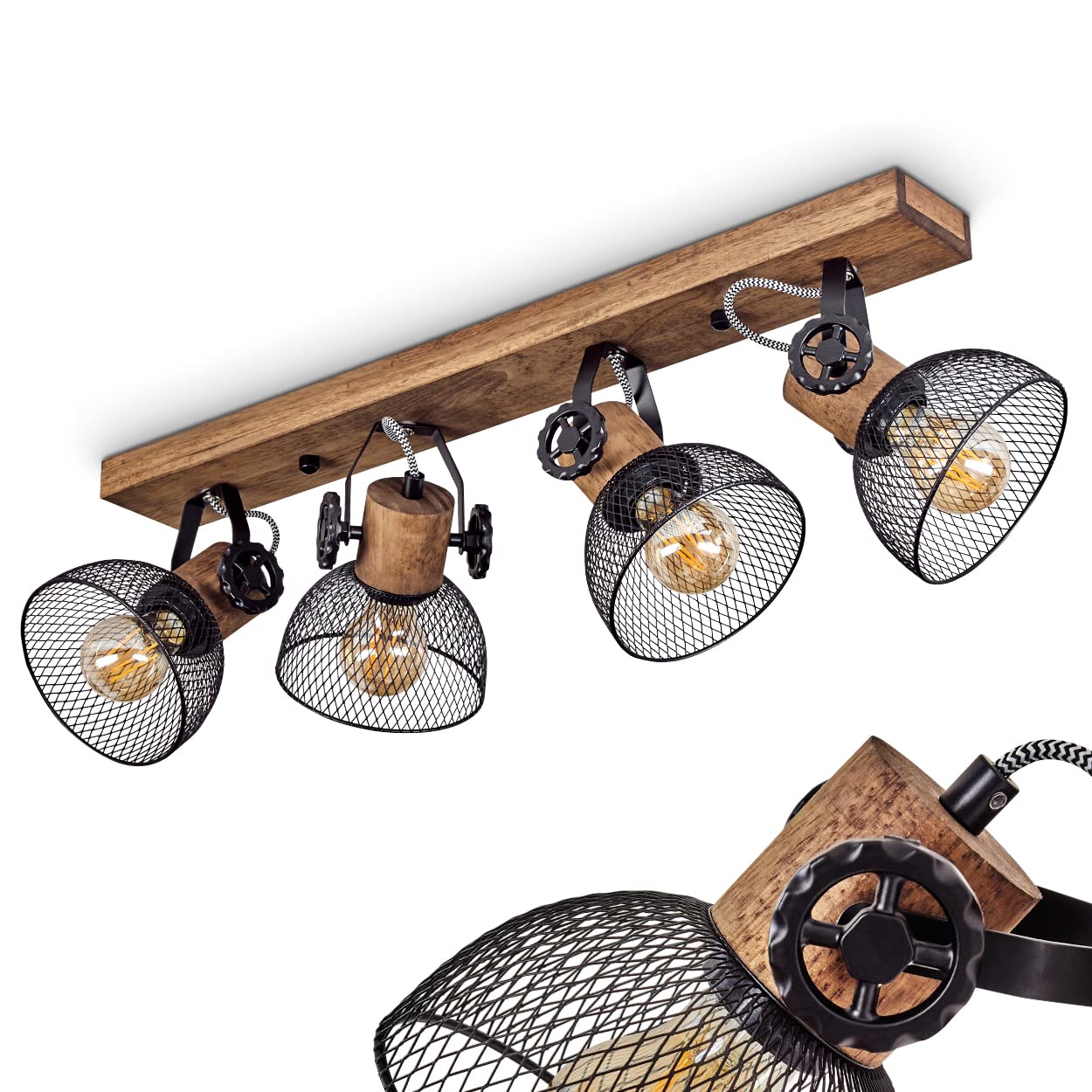 Ceiling lamp Orny, Light in Vintage Design Made of Wood/Metal in Brown/Black with lampshades in Lattice Optic, lamp with Wooden Beams, Textile Cables and Adjustable spotlights, 4X E27, Without Bulbs