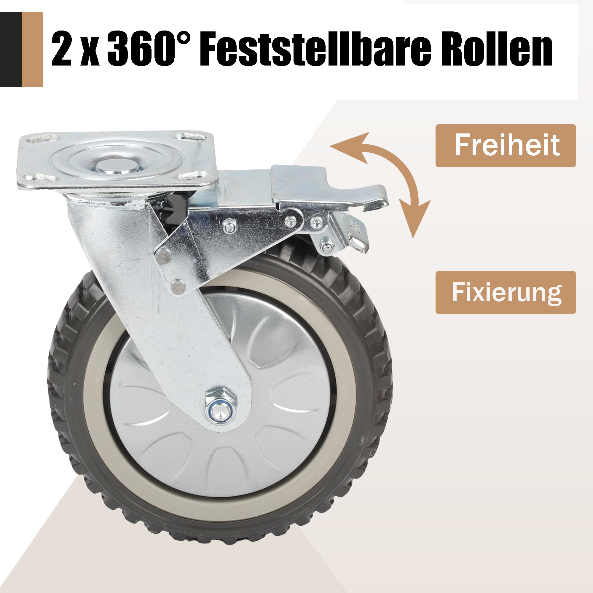 uyoyous - 4 ruote per piastre da 200 mm, con freno, girevoli a 360°, ruote per il trasporto, ruote in gomma piena, portata 900 kg (2 ruote girevoli + 2 ruote freno)
